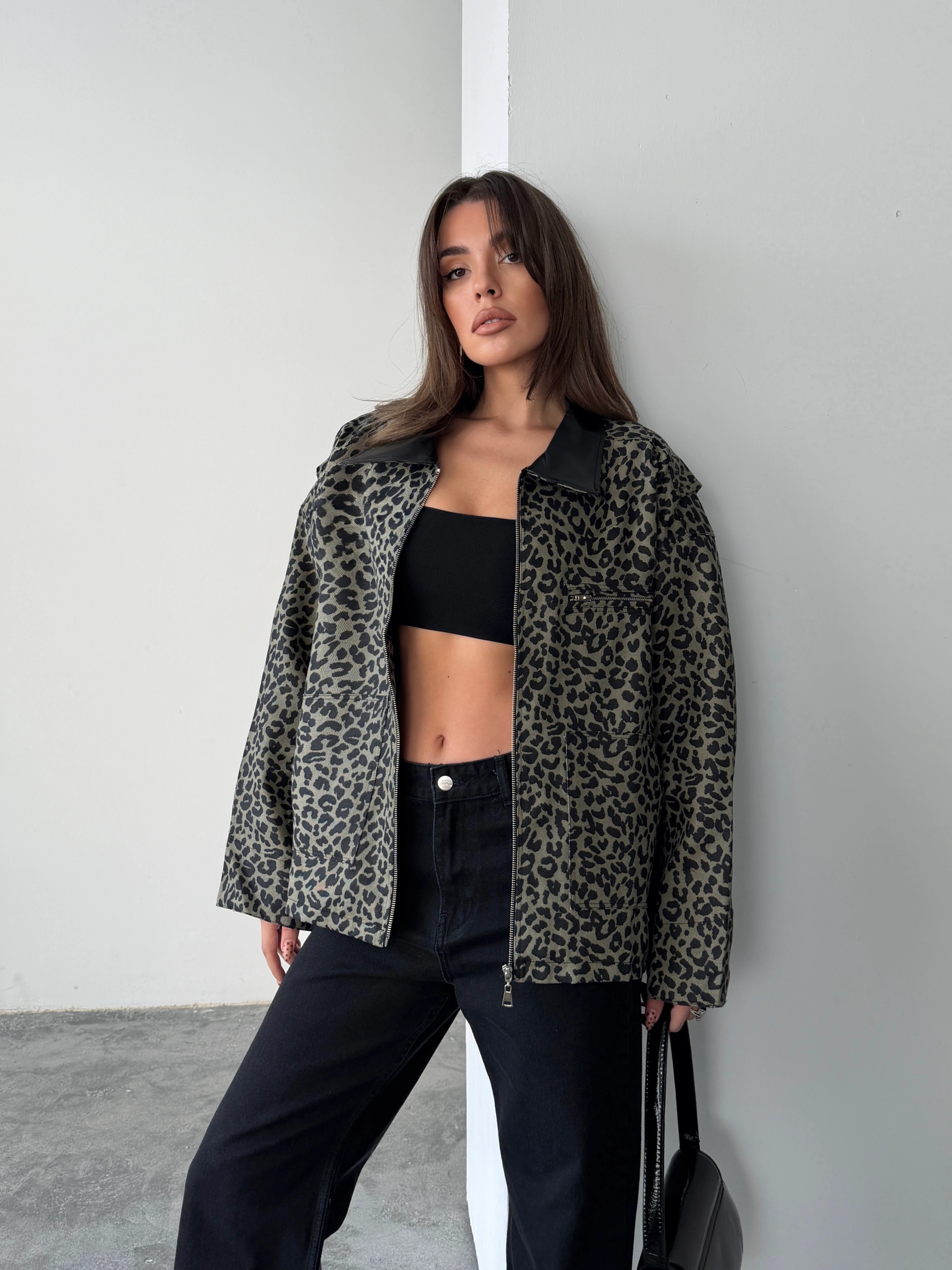 Oversize Leopar Ceket - Haki