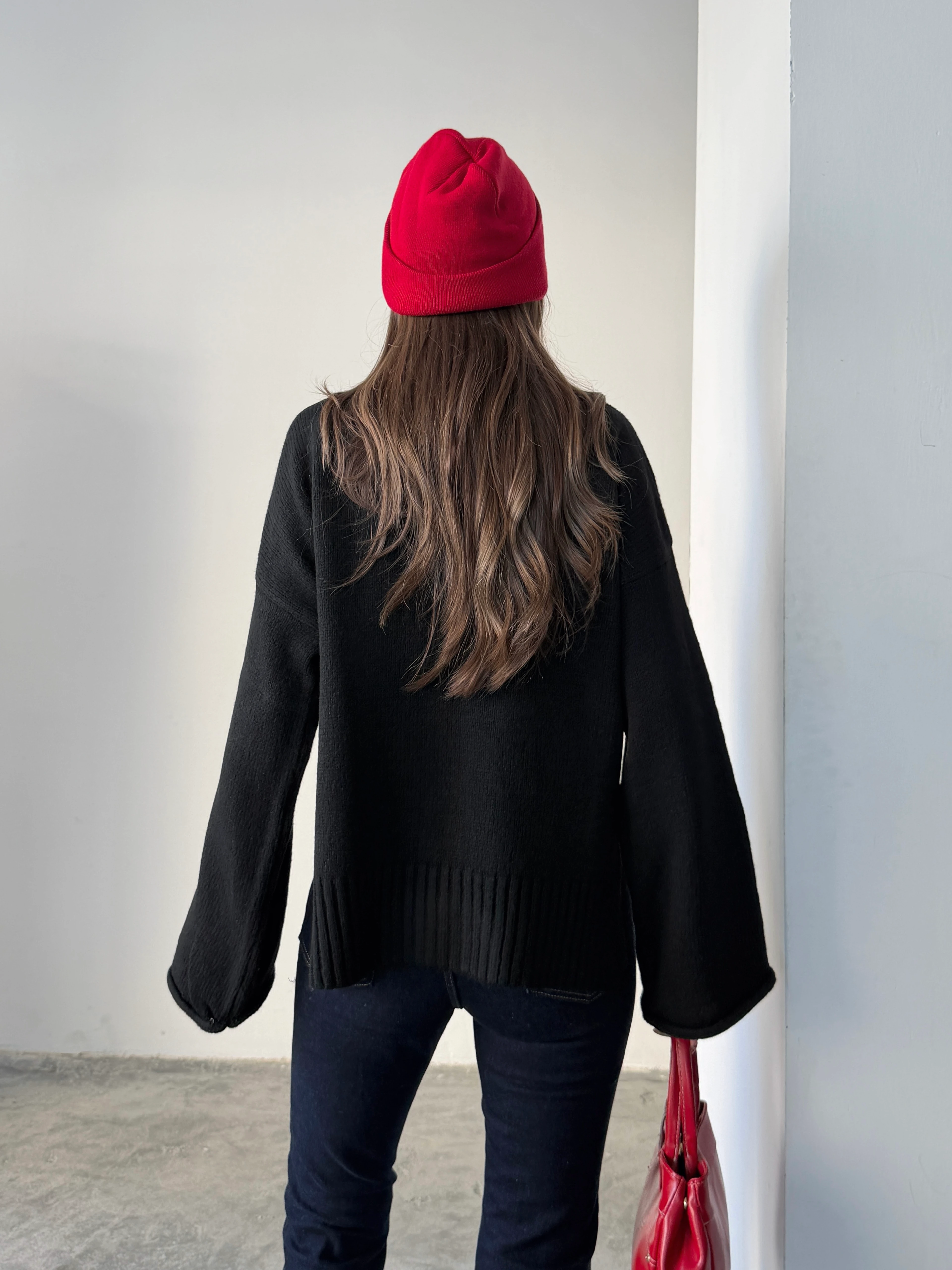 Yırtmaçlı Basic Triko  - Siyah