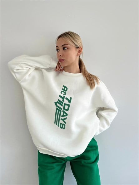 Active 3 İplik Şardonlu Oversize Sweatshirt Beyaz