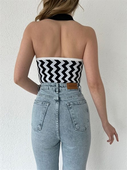 Polo Yaka Düğmeli Triko Bluz Siyah