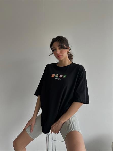 Fruit Nakış Basic T-shirt Siyah