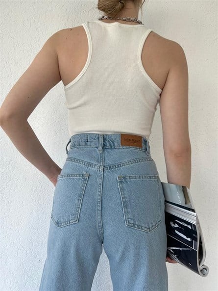 Halter Yaka Malibu Fitilli Crop Ekru