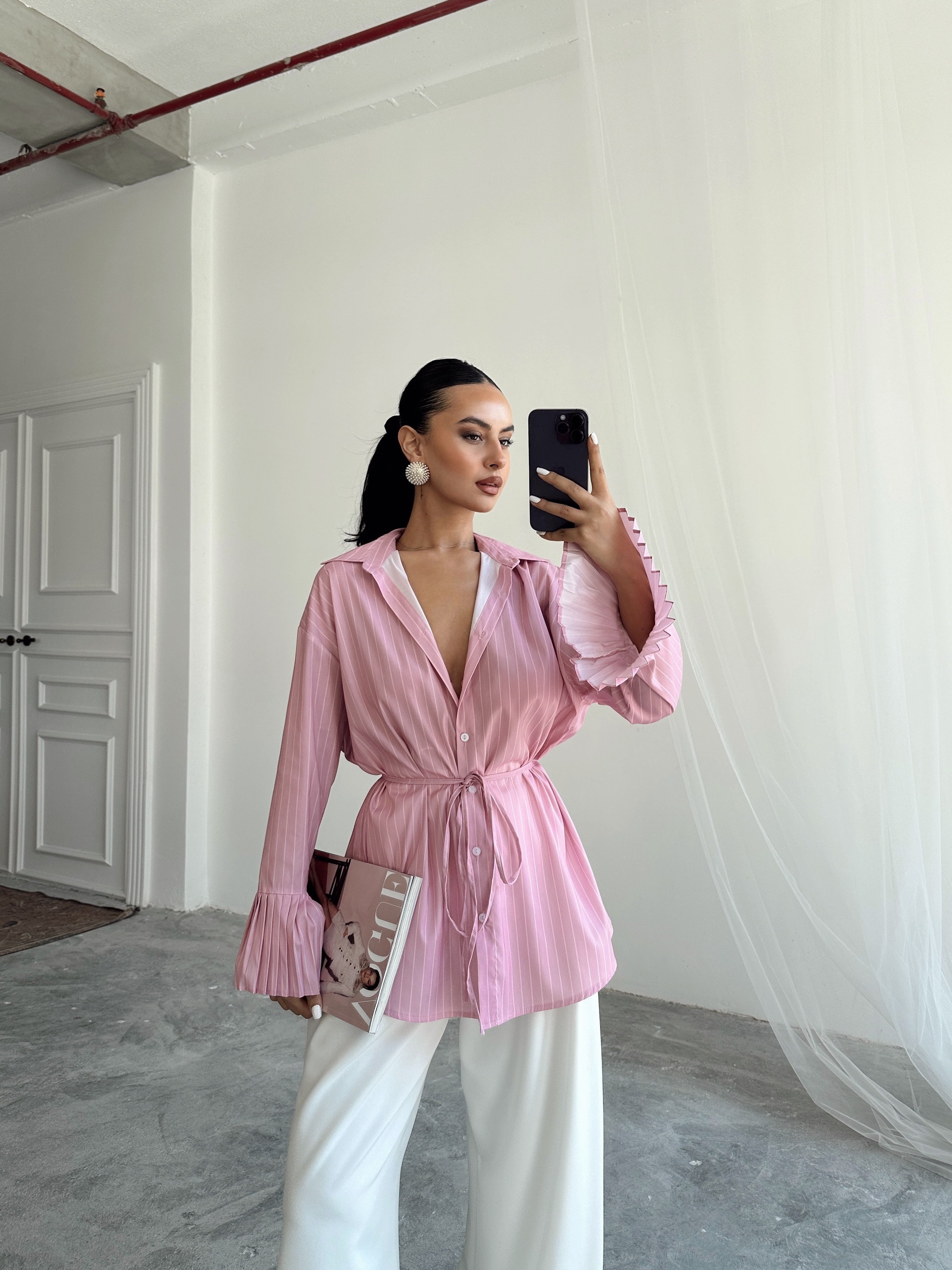 Kolu Piliseli Çizgili Gömlek - Pembe