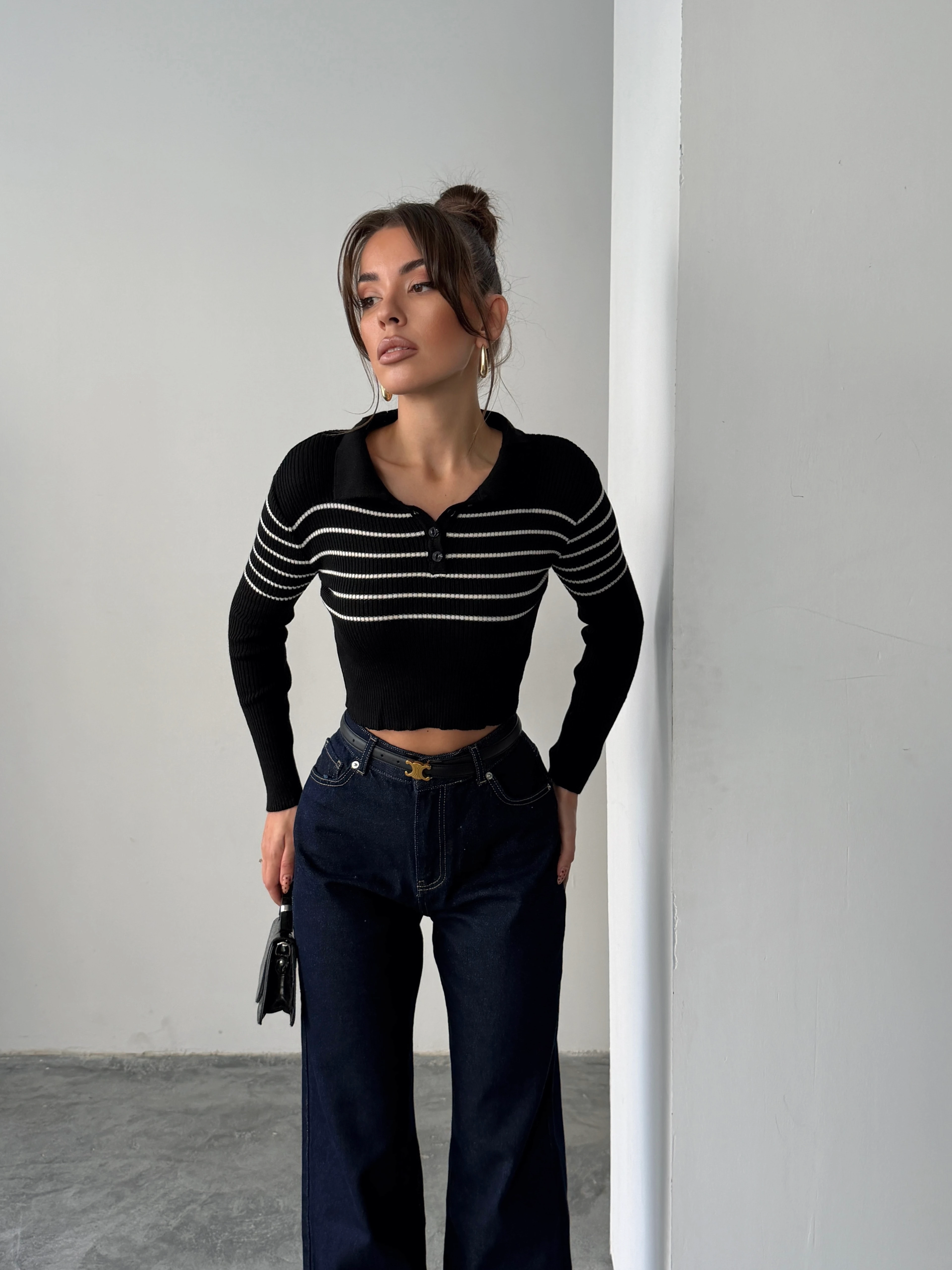 Polo Yaka Düğmeli Triko - Siyah