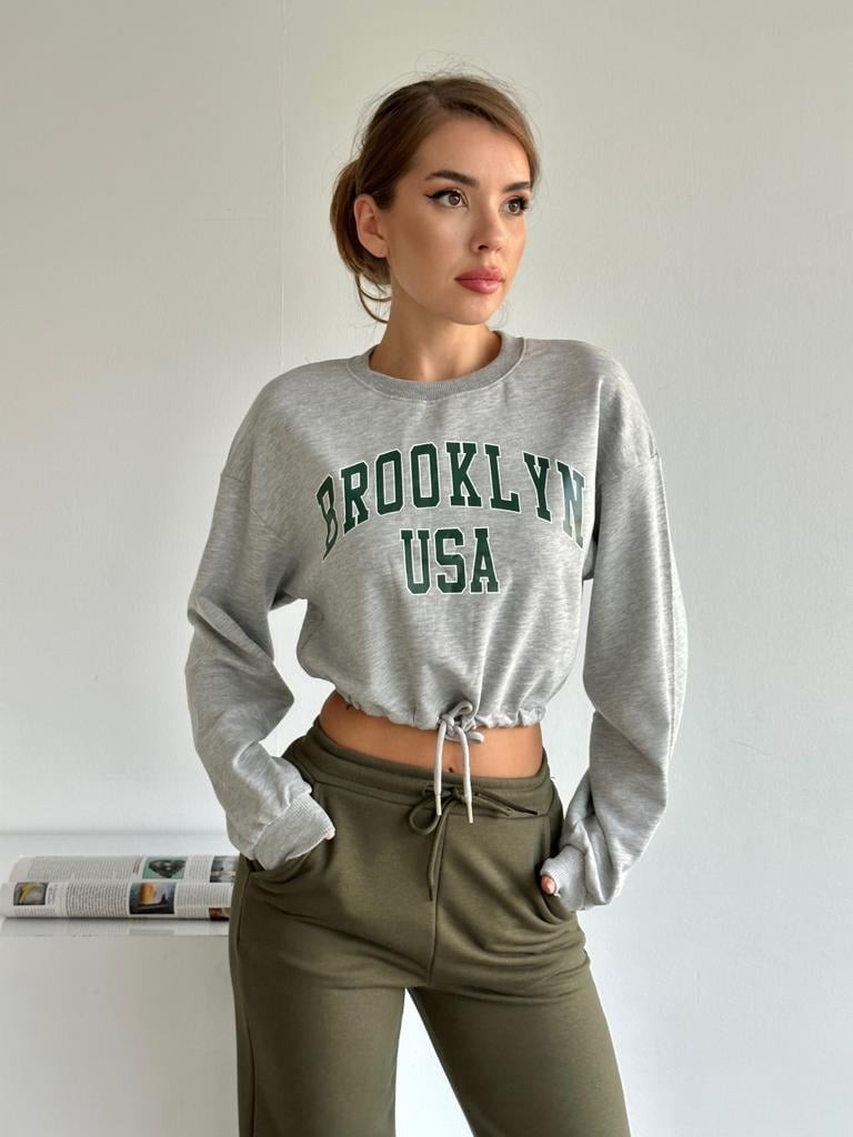 Brooklyn Büzgülü Sweat Gri