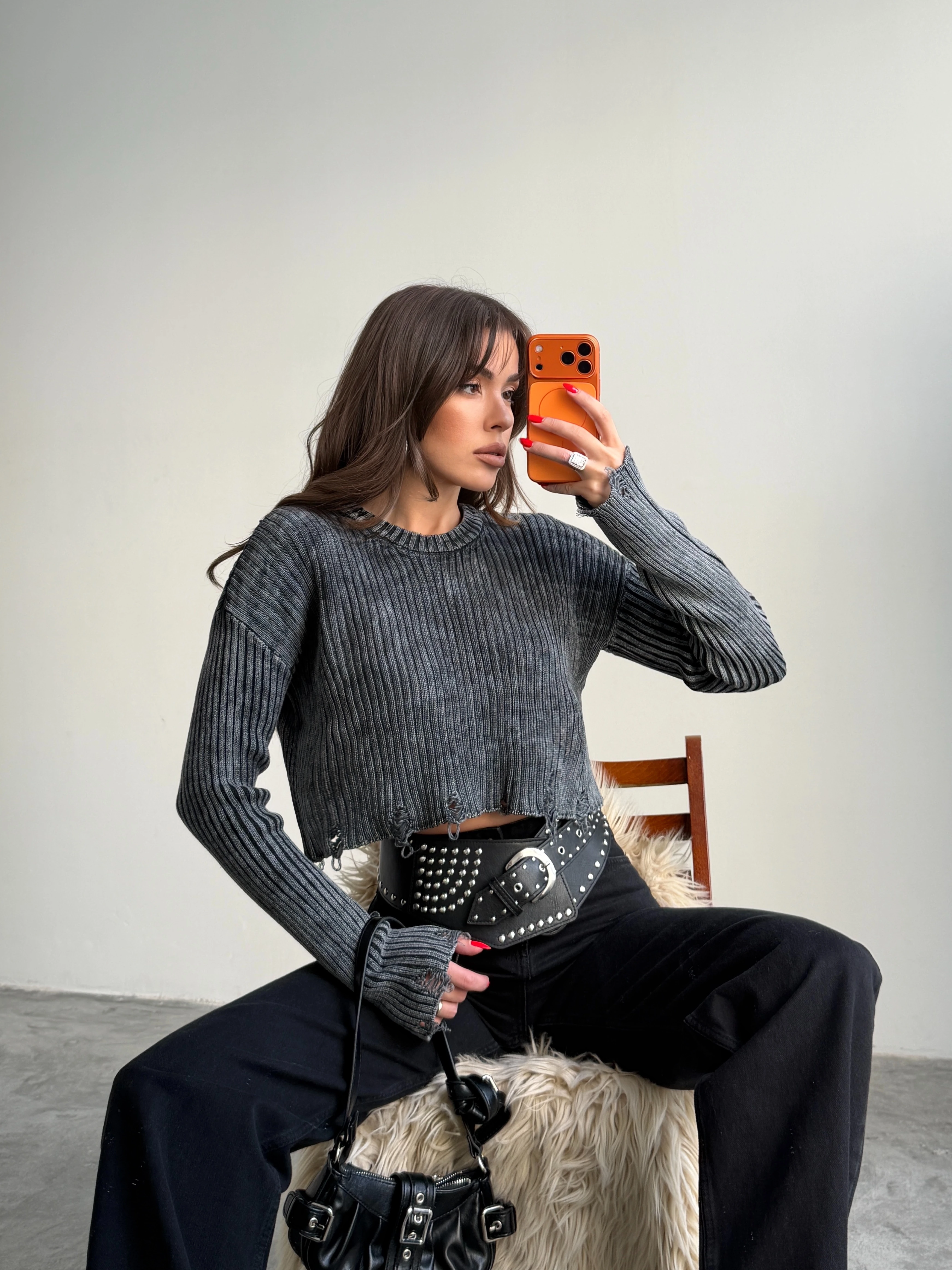 Yırtık Detay Crop Triko  - Gri