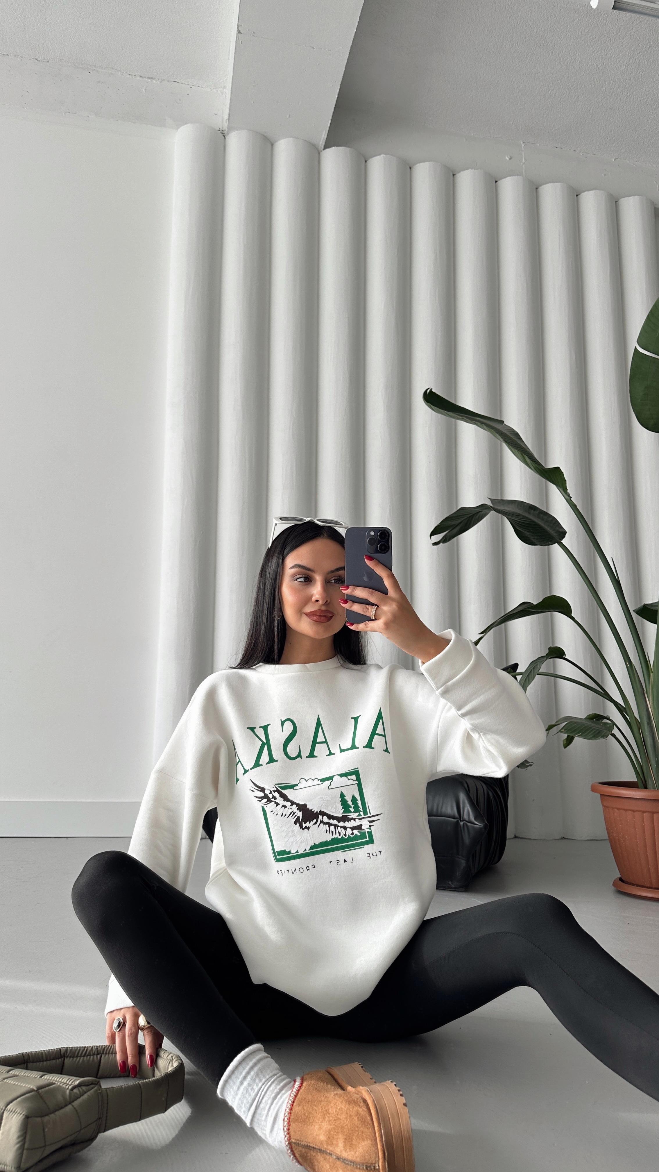 Alaska Üç İplik Şardonlu Oversize Sweat Beyaz