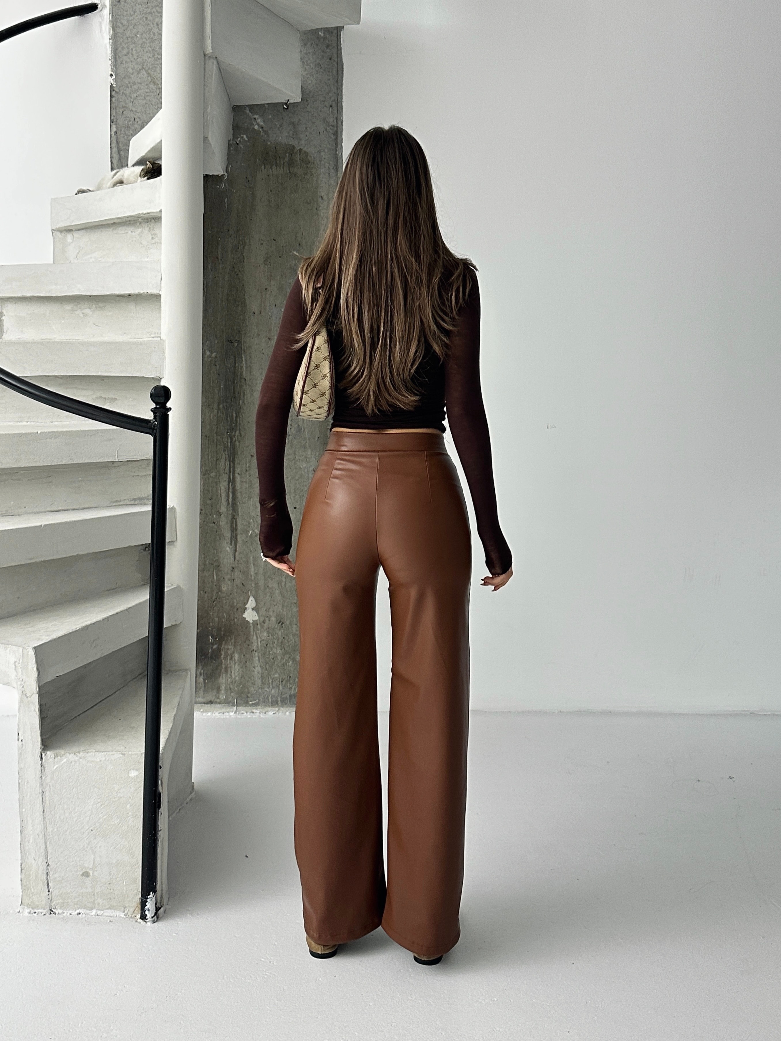 Düz Kesim Şardonlu Deri Palazzo  - Taba