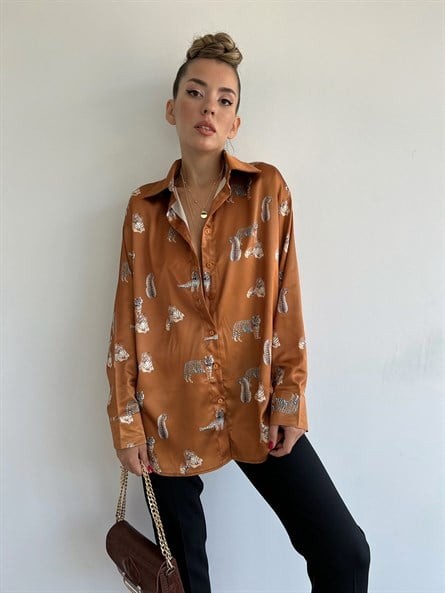 Leopar Oversize Saten Gömlek Taba