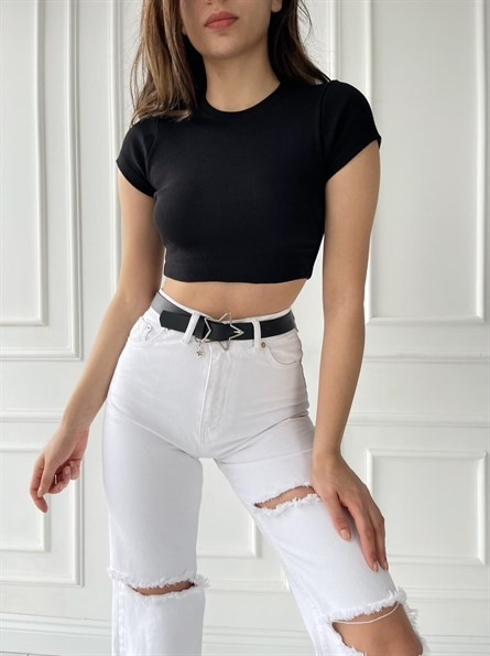 Bisiklet Yaka Fitilli Crop Siyah