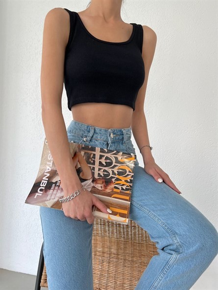 Kalın Askı Basic Crop Top Siyah