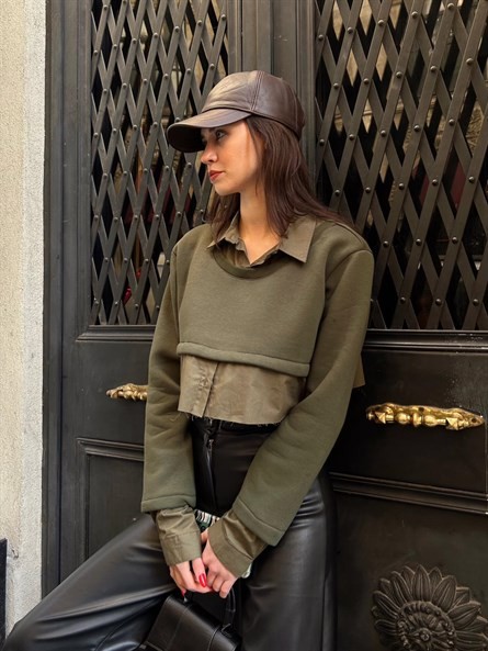 Gömlek Detay Tasarım Sweatshirt Haki Yeşil