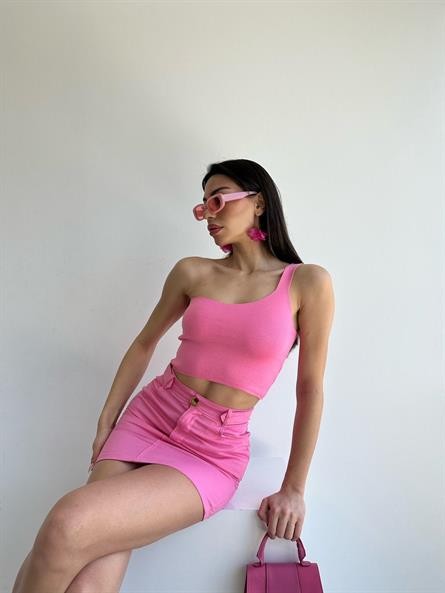 Tek Kol Triko Crop Pembe