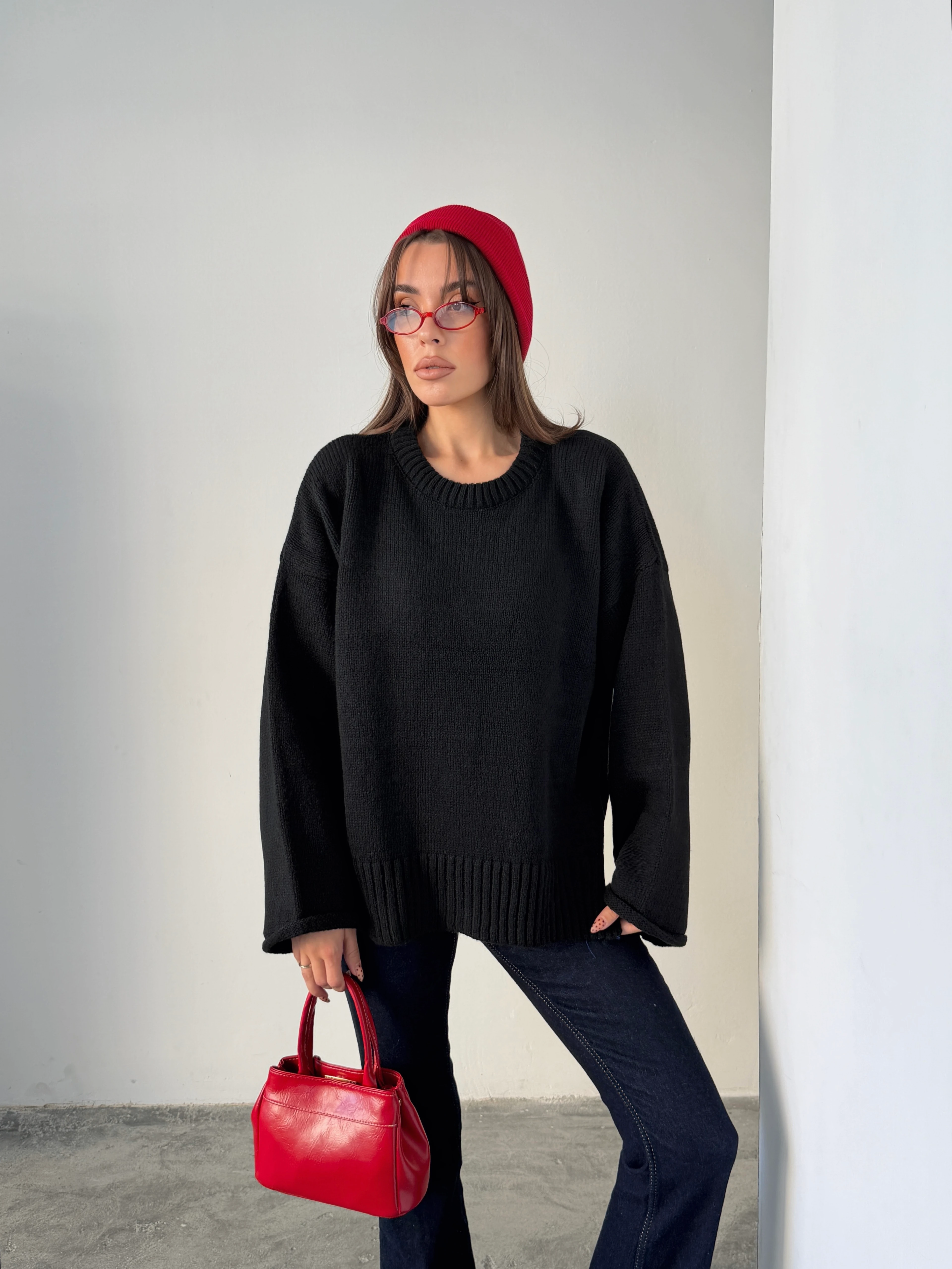 Yırtmaçlı Basic Triko  - Siyah