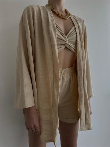 Üçlü Sun Kimono Takım Bej