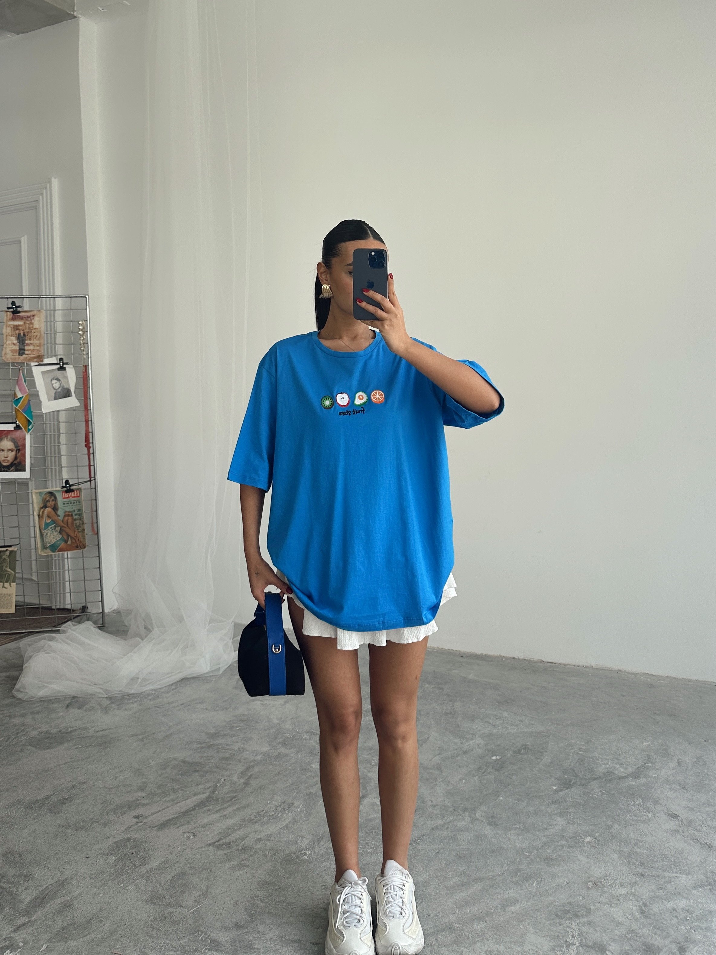 Fruit Nakış Basic T-shirt Mavi