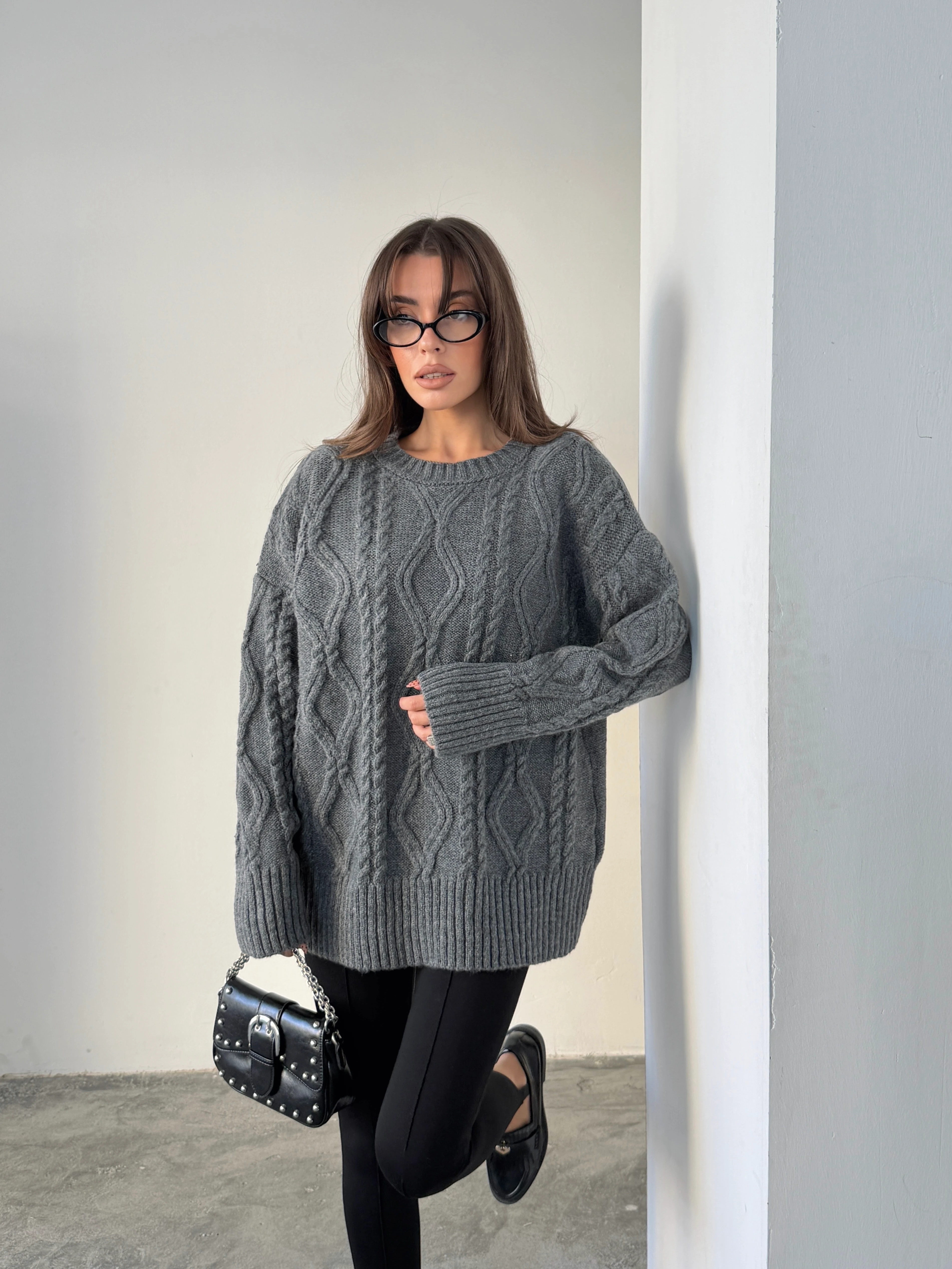 Saç Örgü Desenli Yıkamalı Triko - Antrasit