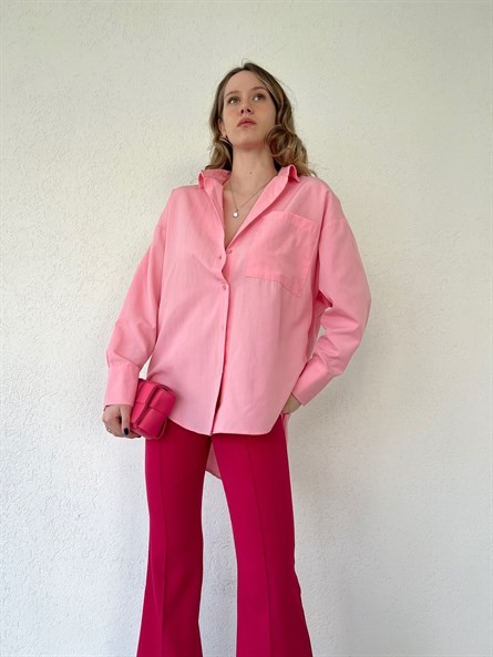 Sırt Düğme Detay Oversize Gömlek Pudra Pembe