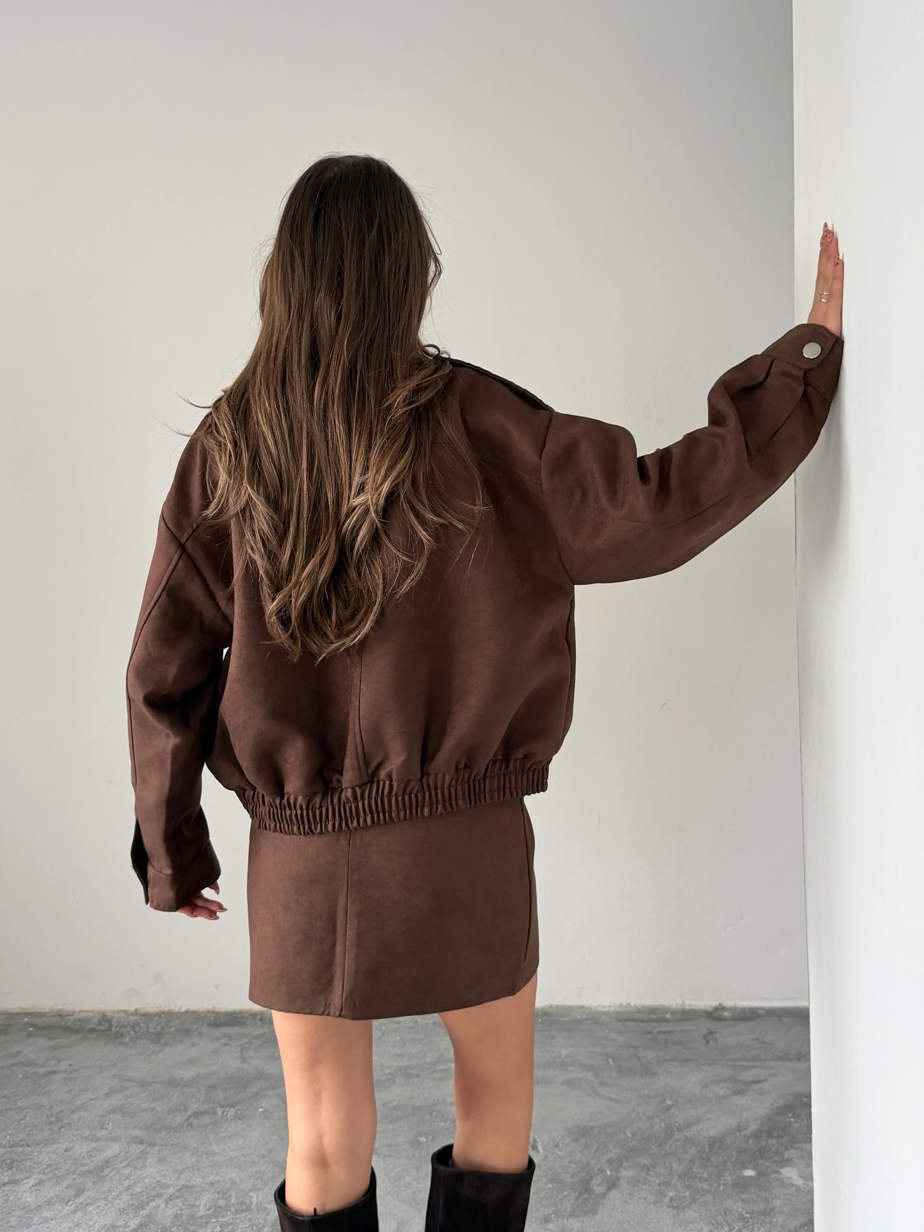 Süet Etek Ceket Takım  - Kahve