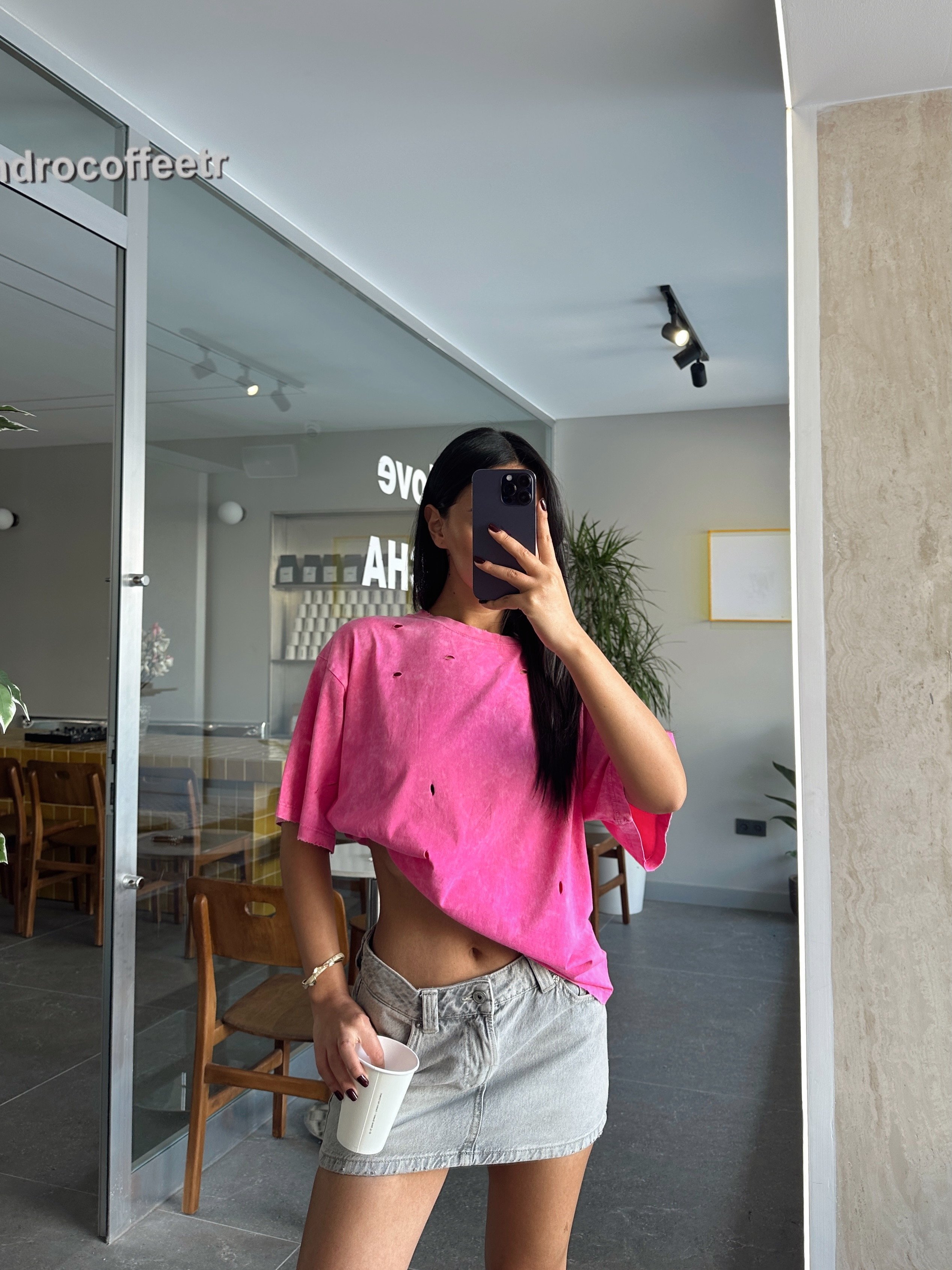 Delikli Yıkama T-shirt - Pembe