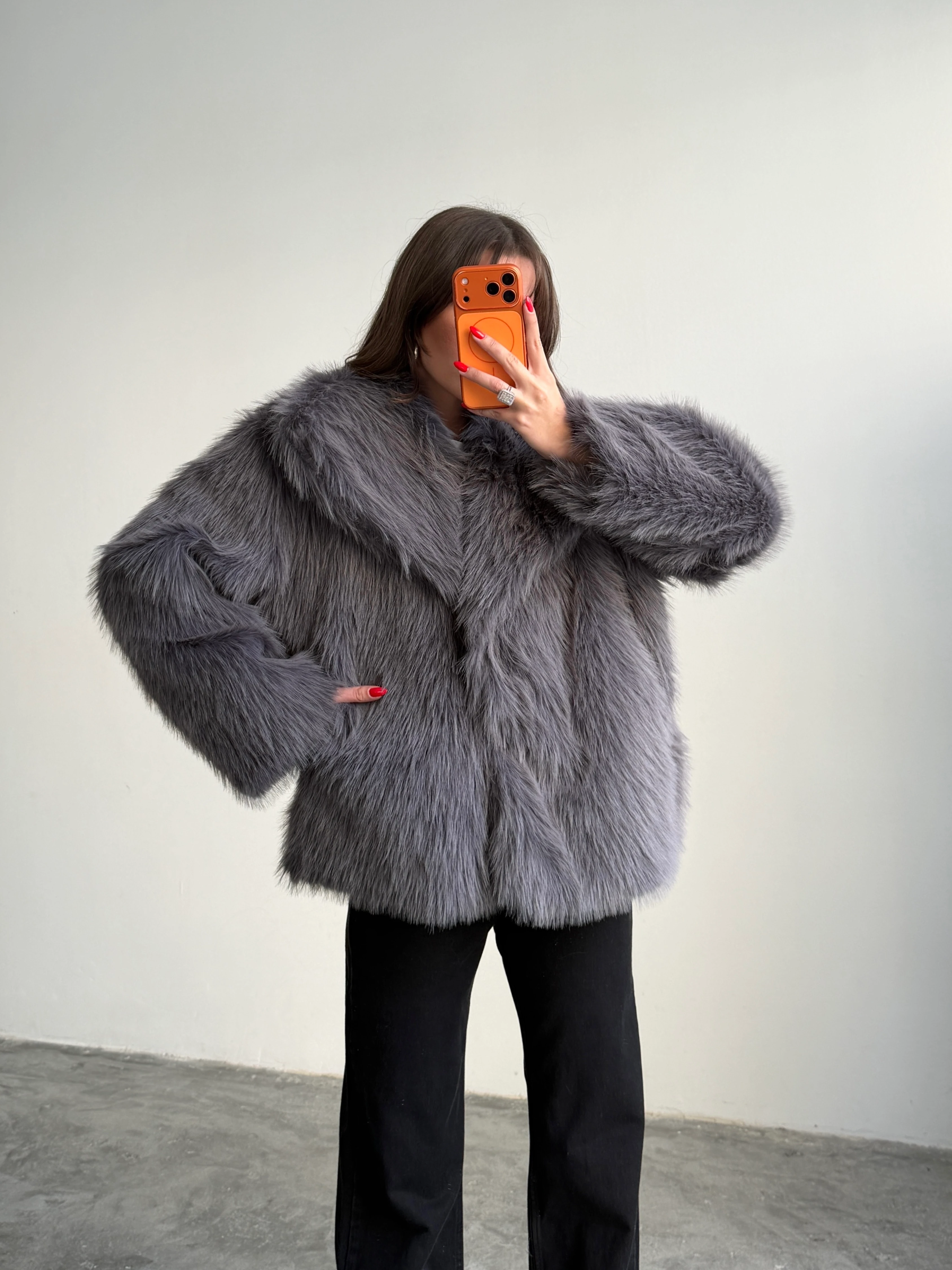 Çıtçıtlı Suni Kürk Ceket - Antrasit