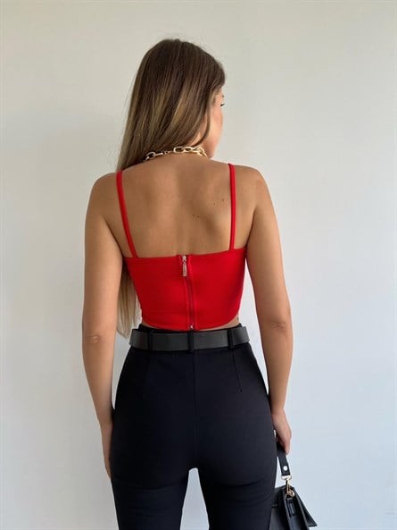 Sırt Fermuar Korse Askılı Crop Kırmızı