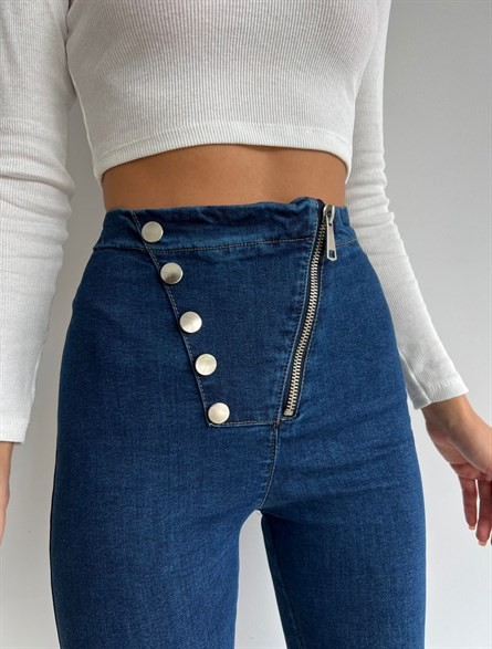 Asimetrik Düğme Detay Likralı Skinny Jean Lacivert