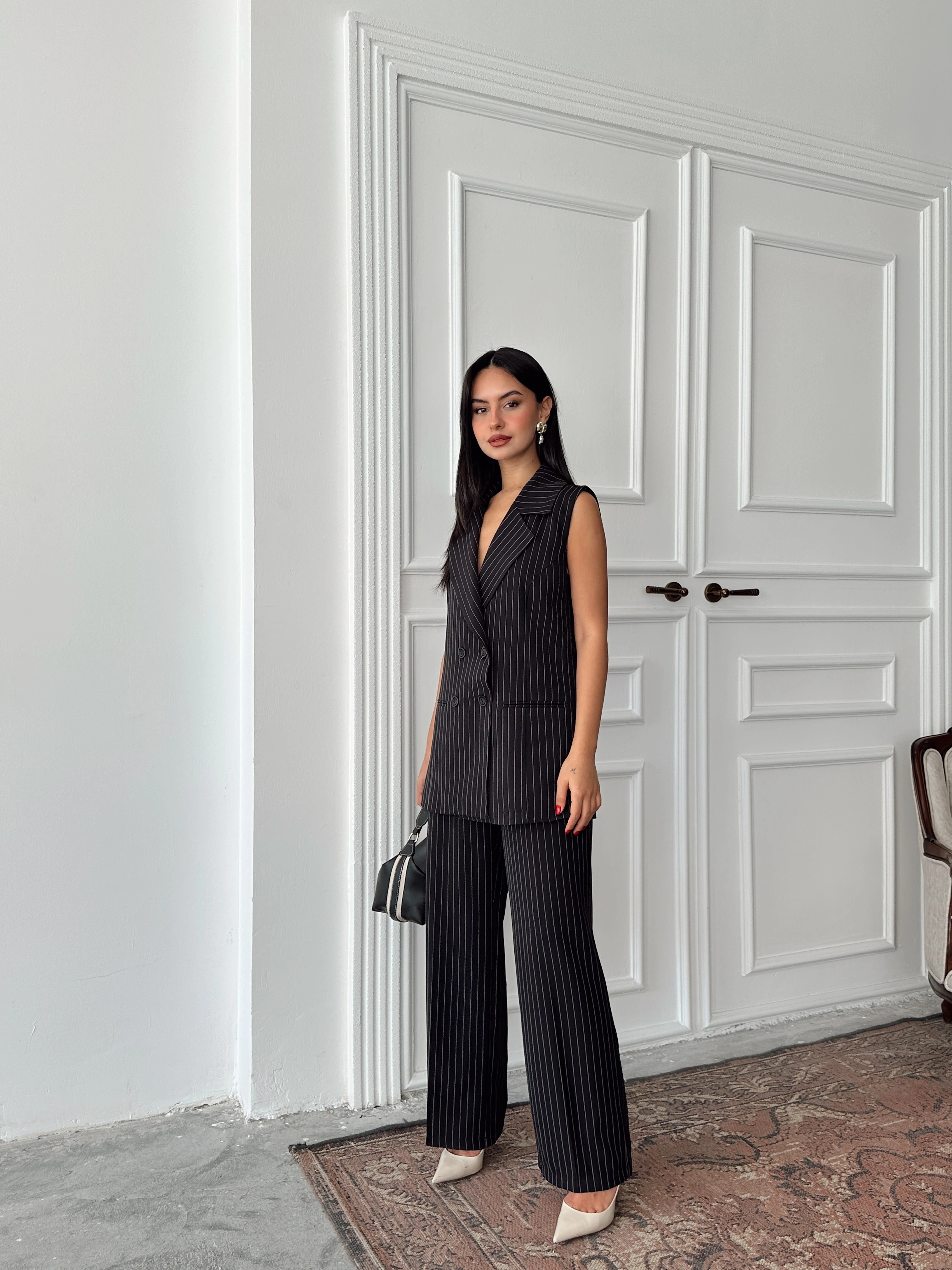 Ceket Yaka Line Yelek - Siyah