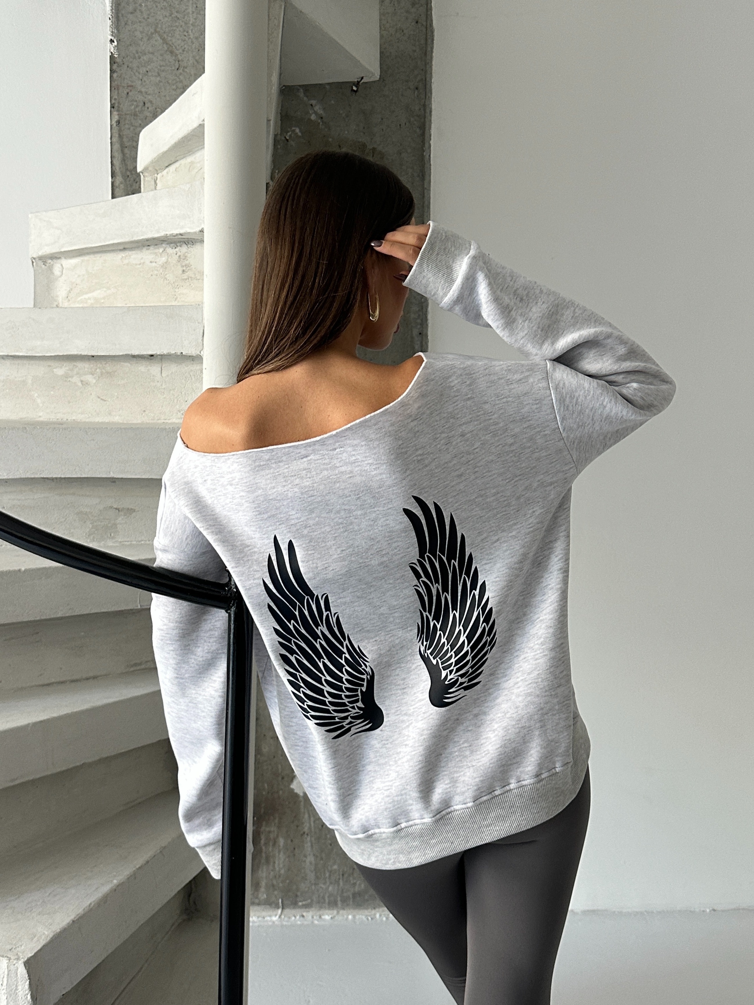 Angel Nakışlı Kayık Yaka Sweat - Gri