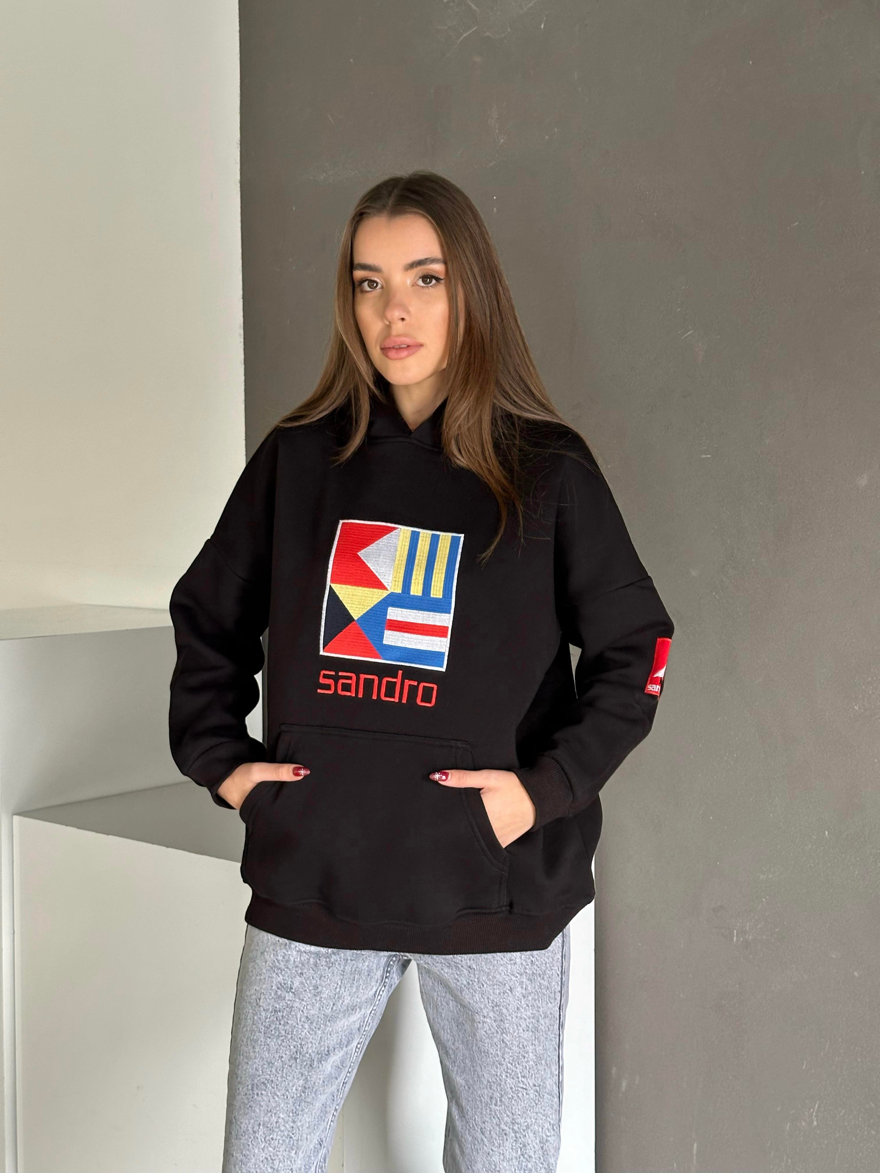 Sandro Kabartma İşleme Oversize 3 İplik Sweatshirt Siyah