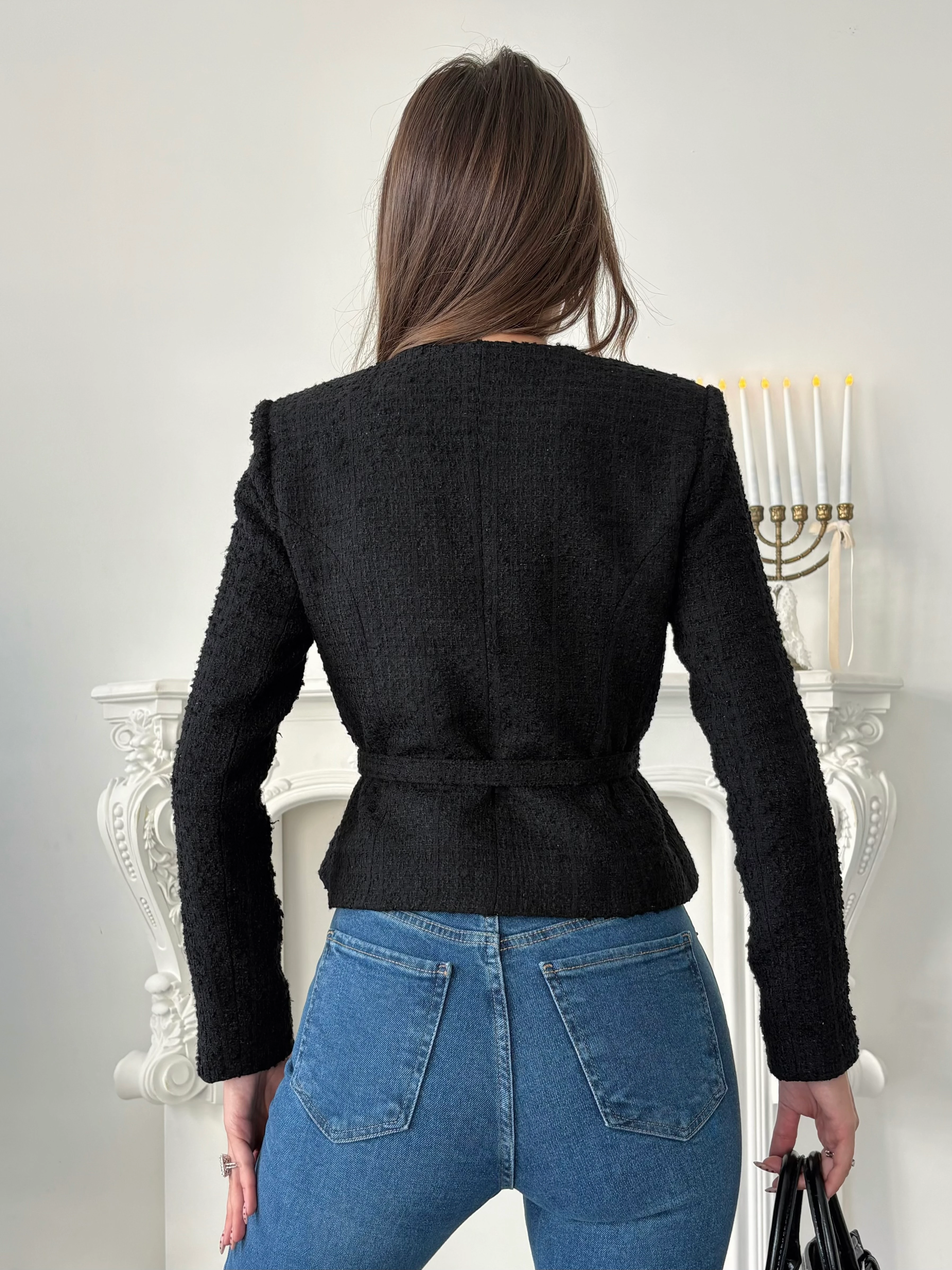 Kemer Detaylı Düğmeli Ceket - Siyah