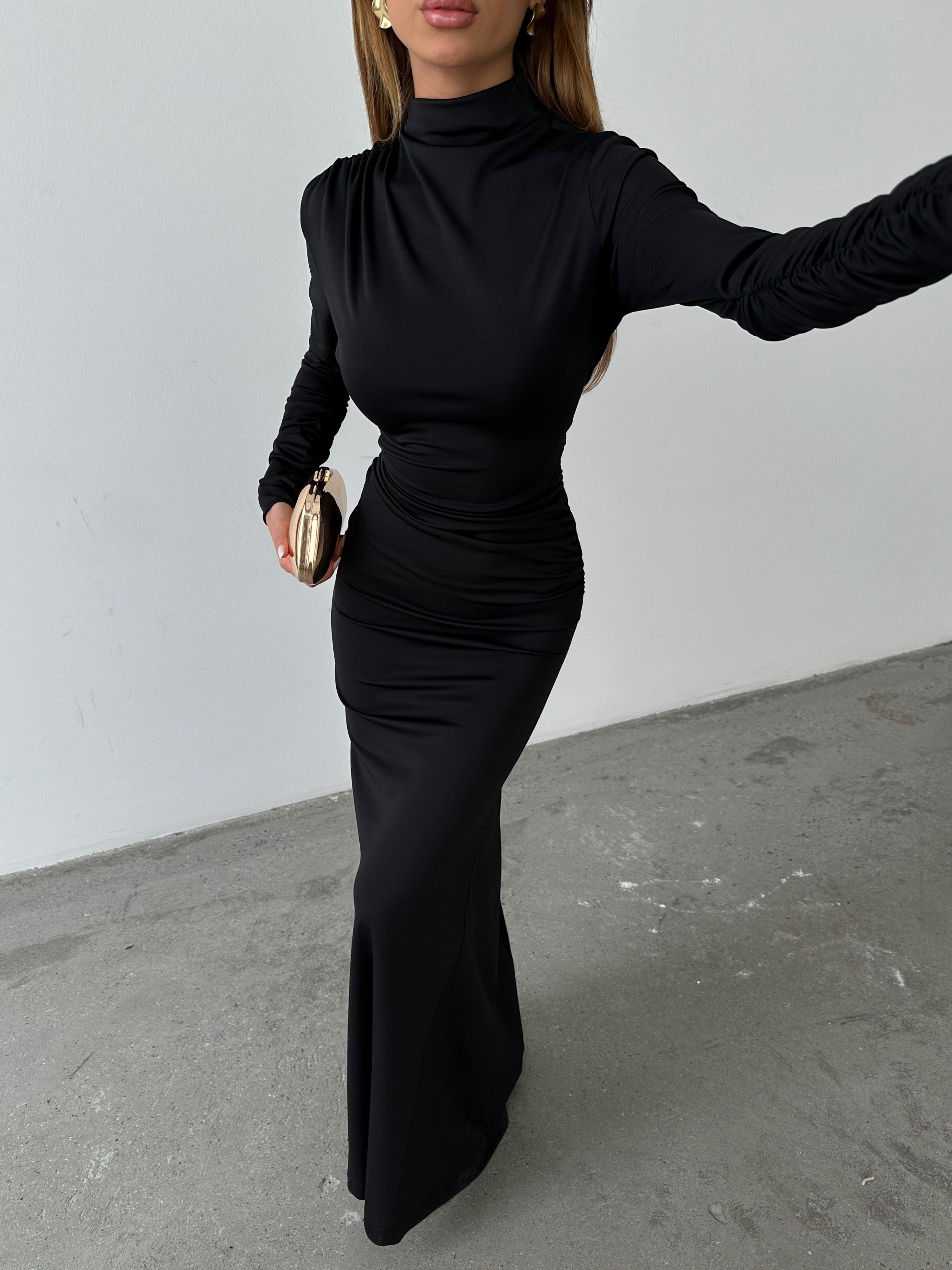 Drape Balıkçı Elbise Siyah