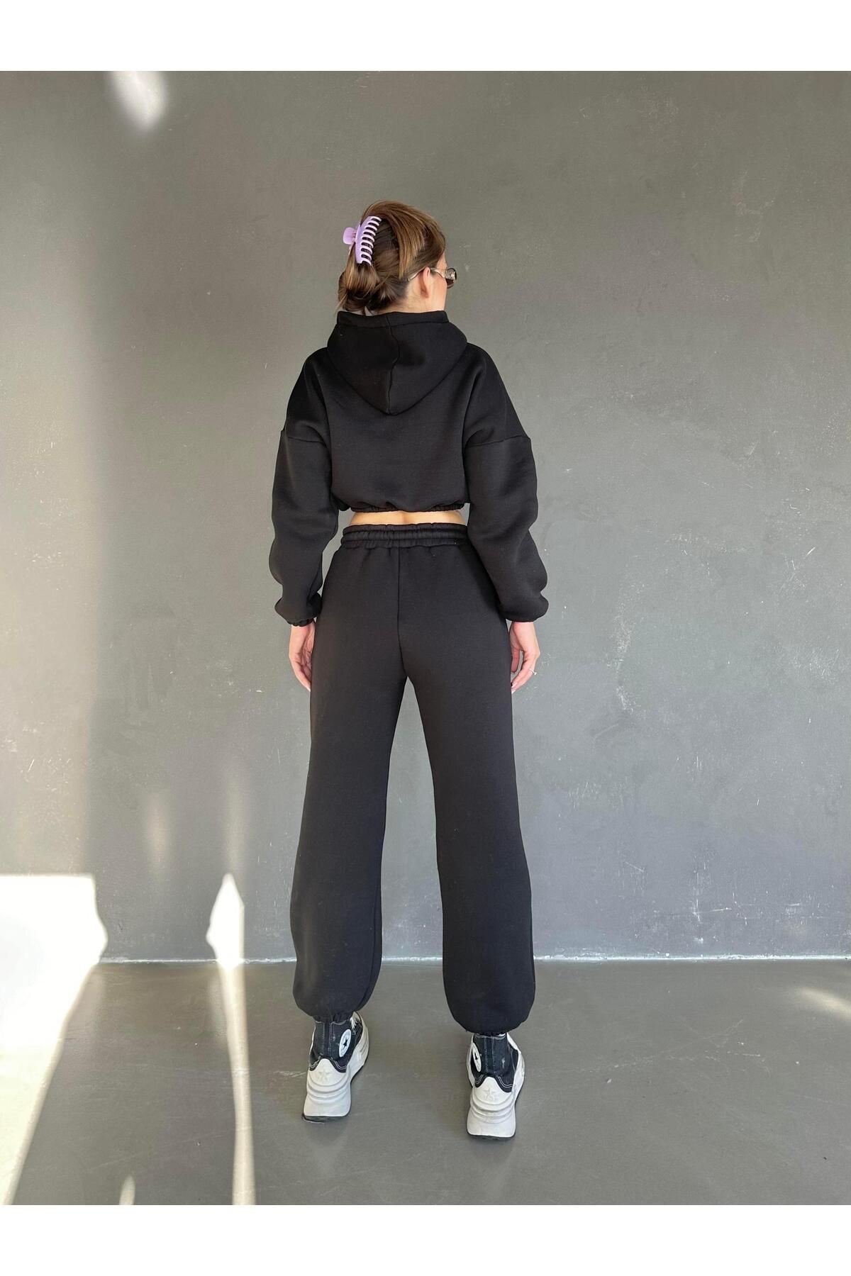 Kapüşonlu Crop Sweat Jogger Eşofman Takım Siyah