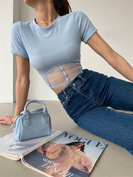 Transparan Korse Detay Basic Bluz Bebe Mavi