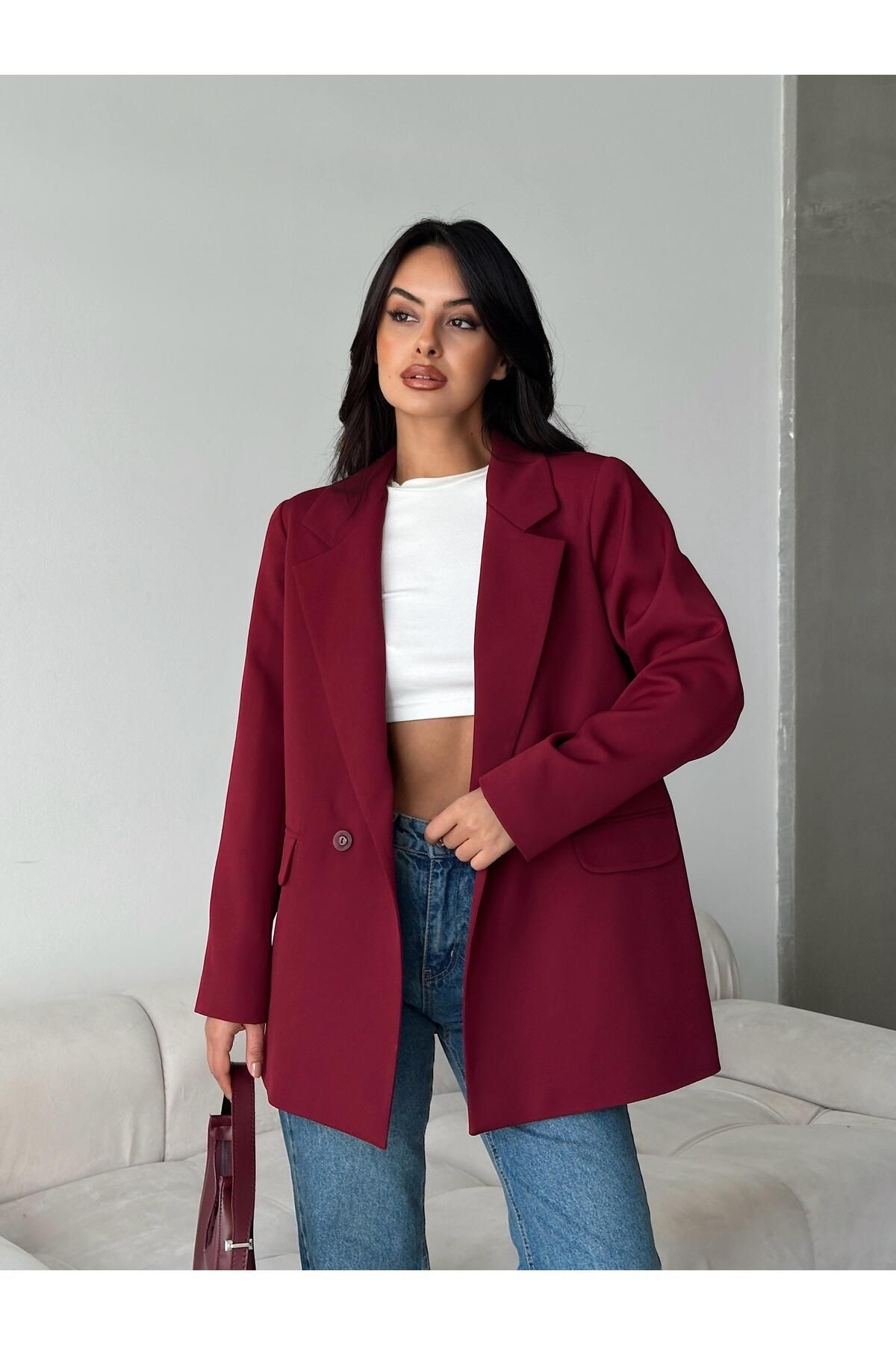 Çift Düğme Blazer Ceket Bordo