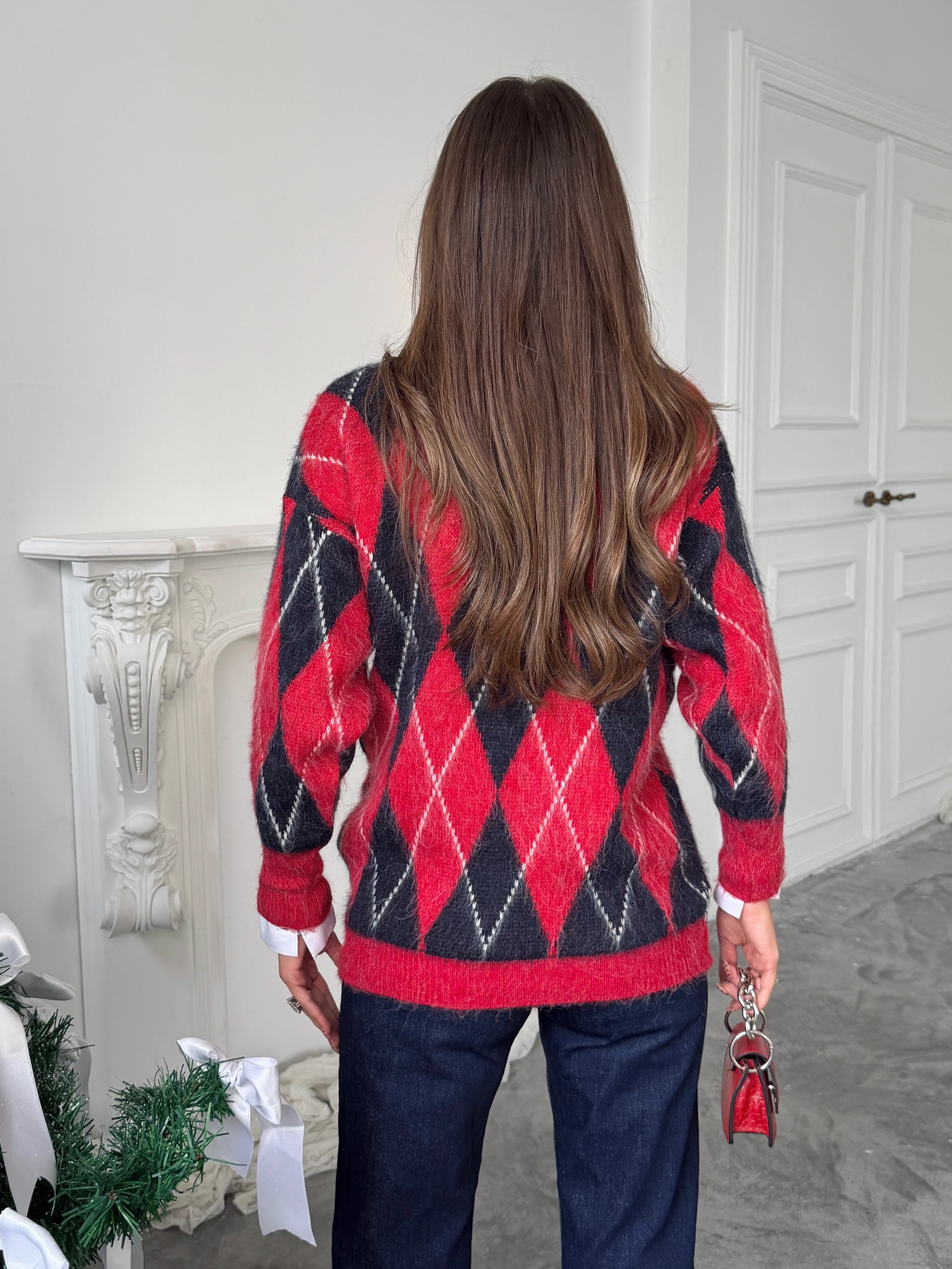 Ribanalı Baklava Desen Kazak - Kırmızı