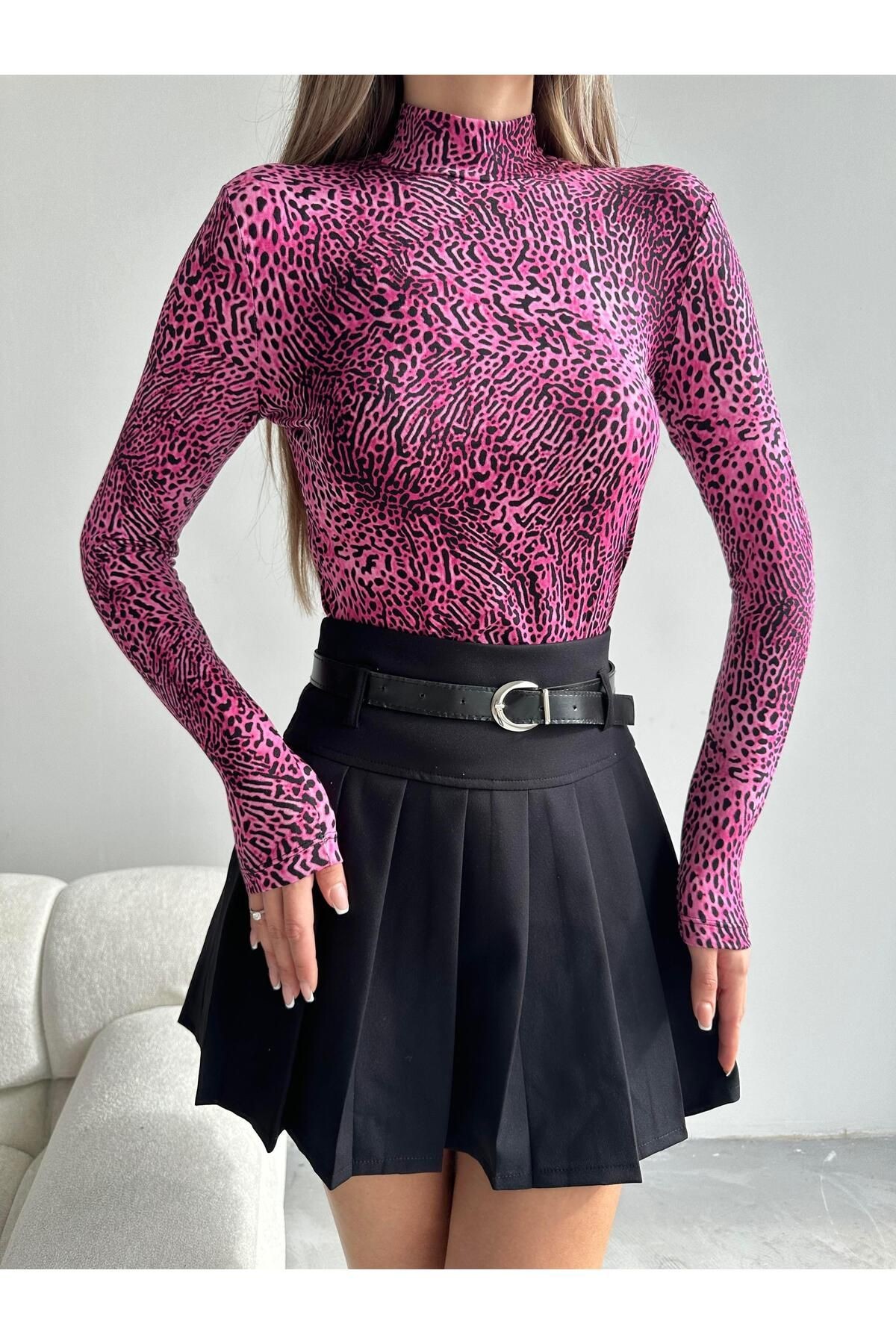 Desenli Balıkçı Bluz Pembe Leopar