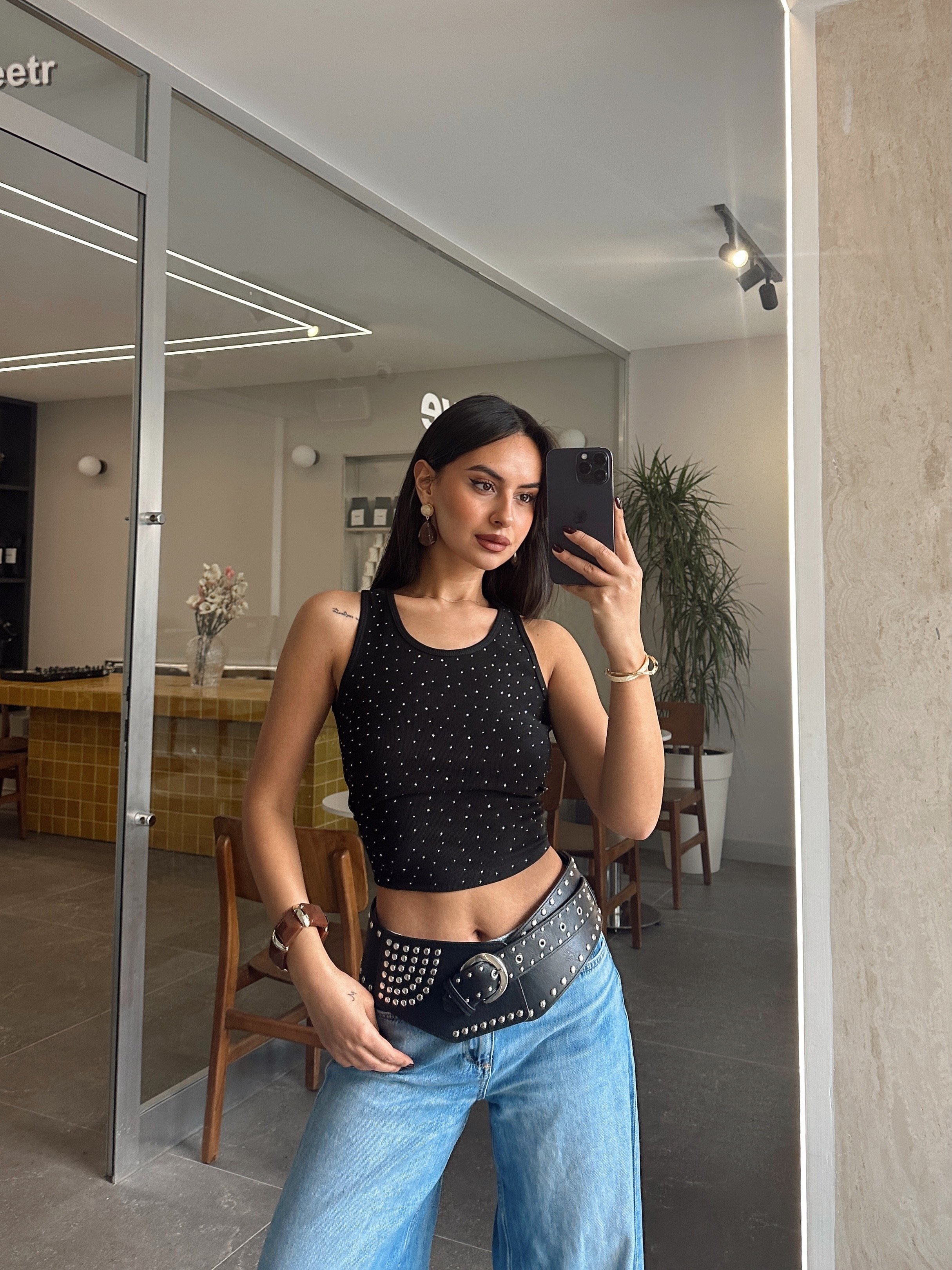 Fitilli Taşlı Bluz - Siyah