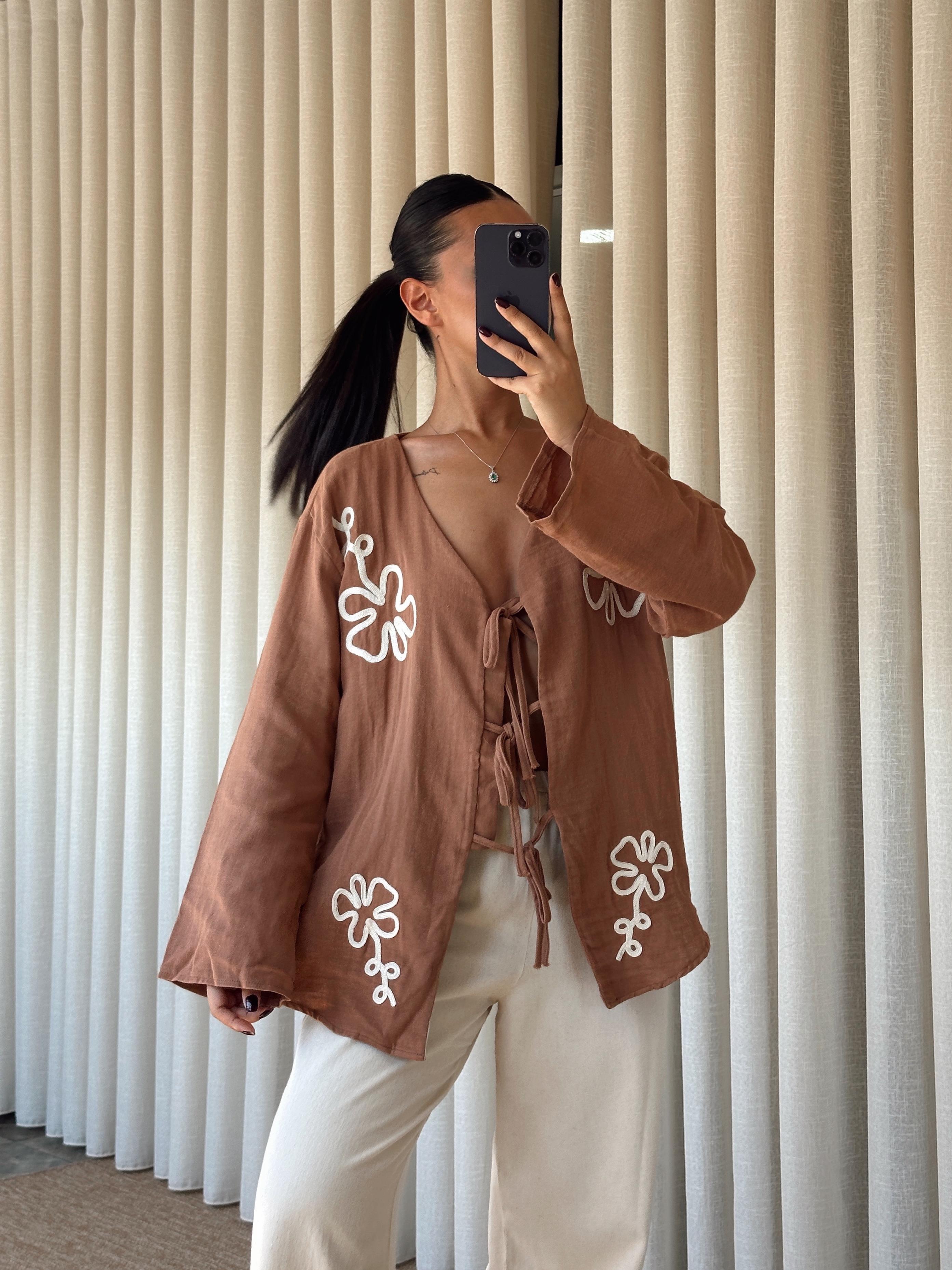 Nakışlı Kimono Takım  - Kahve