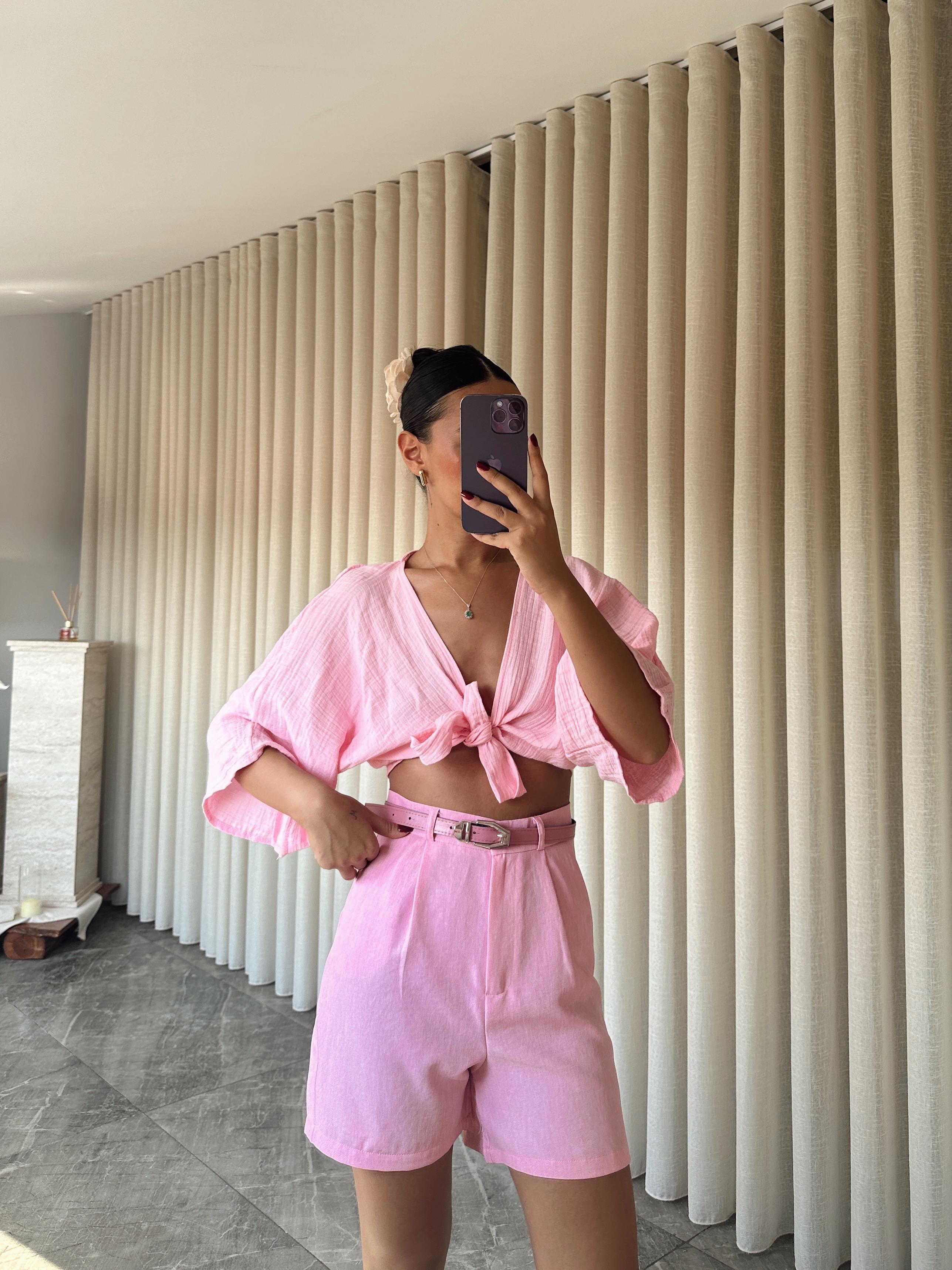 Keten Tek Pile Kemerli Şort - Pembe