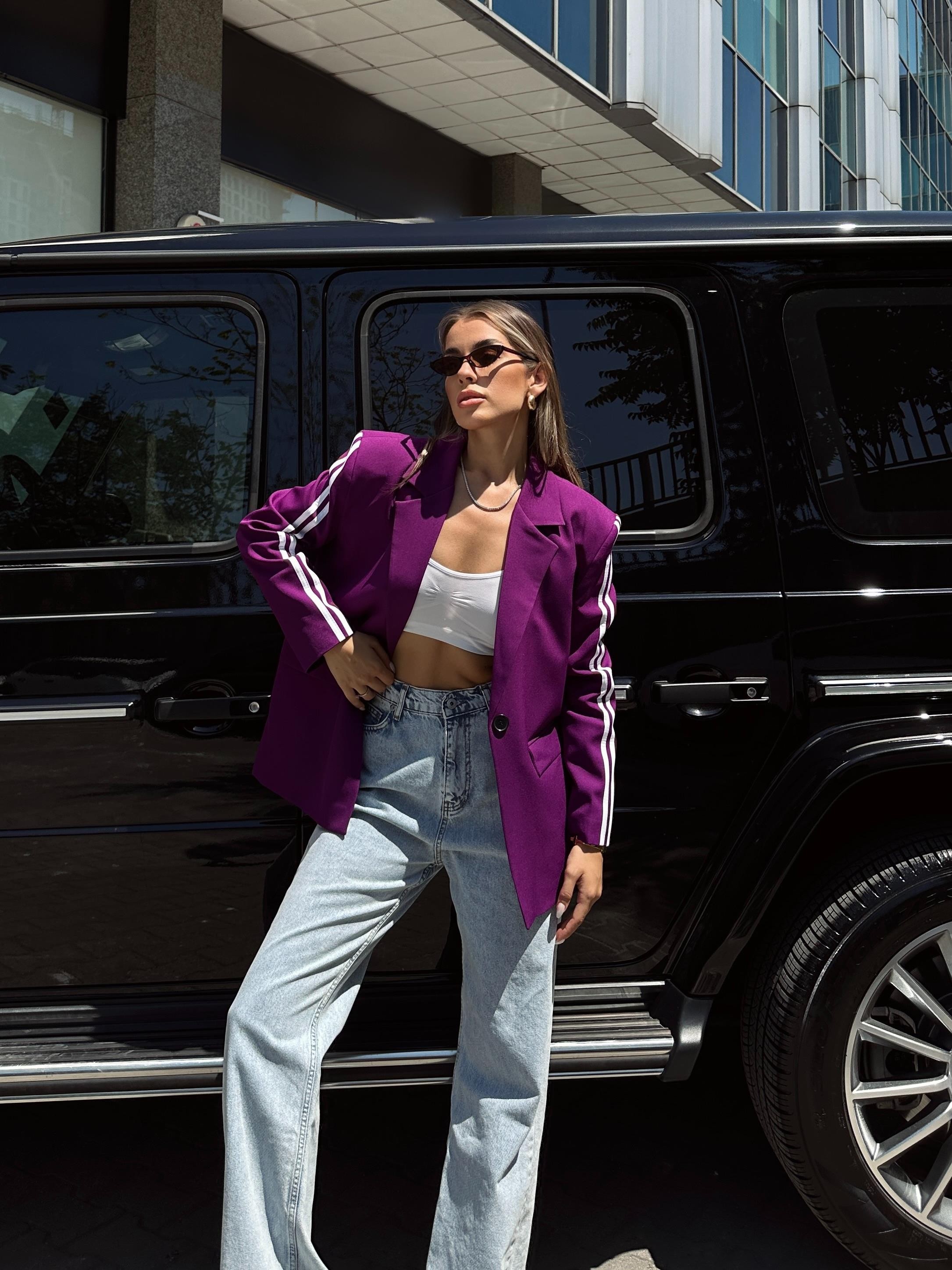 Kol Şeritli Oversize Blazer Ceket Mor