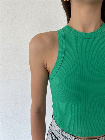 Halter Yaka Fitilli Croptop Koyu Yeşil