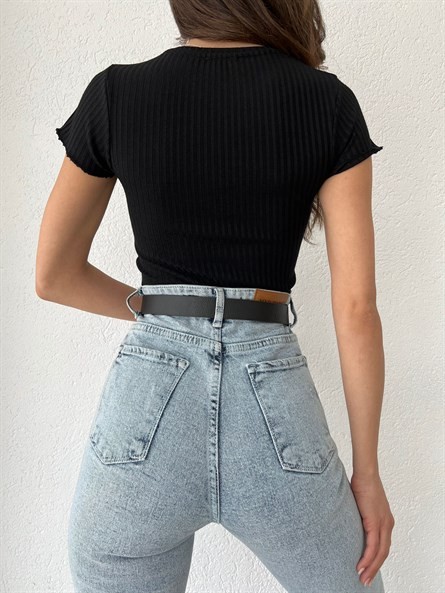 Bisiklet Yaka Fitilli Crop Siyah