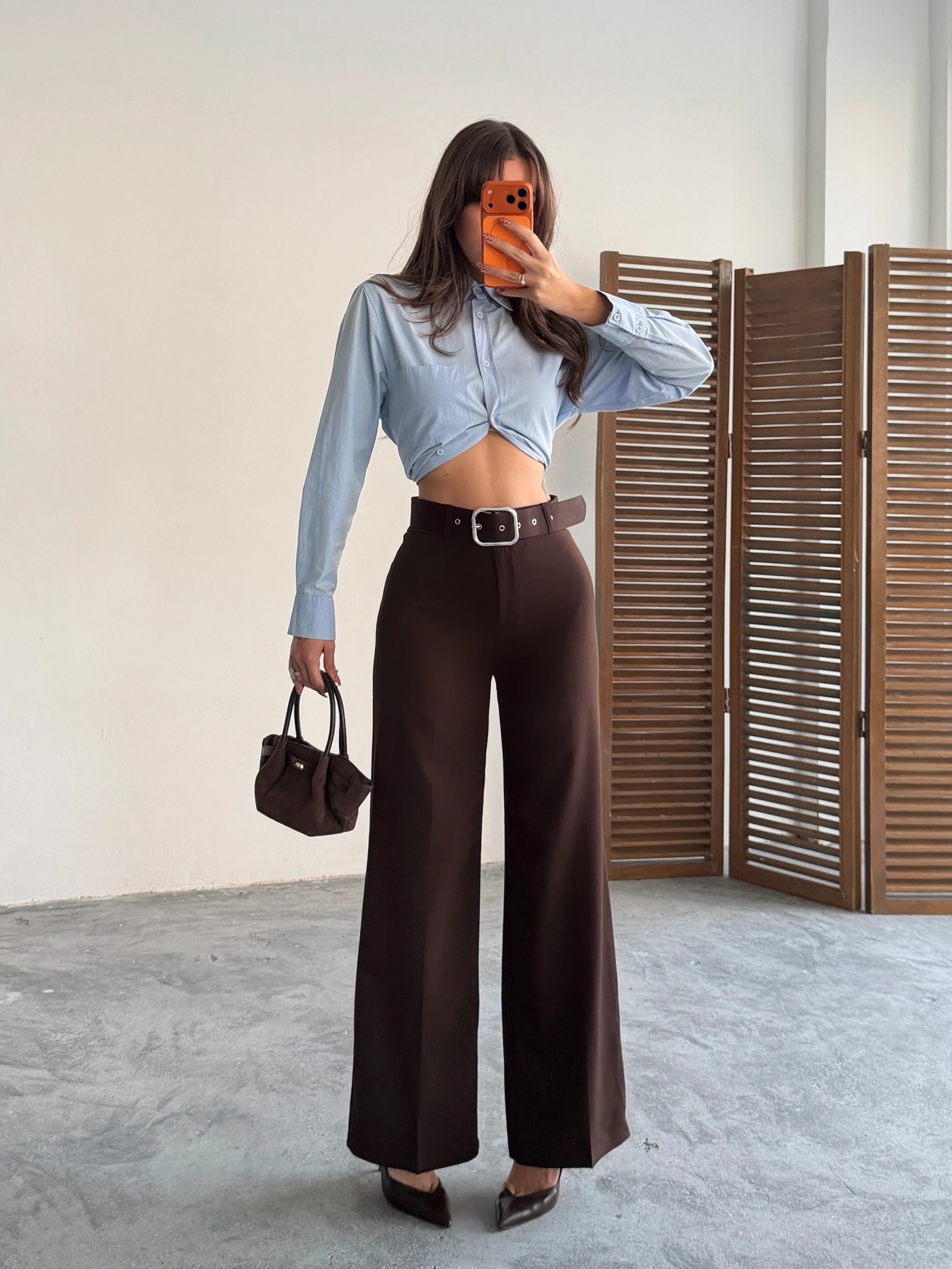 Kemerli Palazzo Pantolon  - Kahve