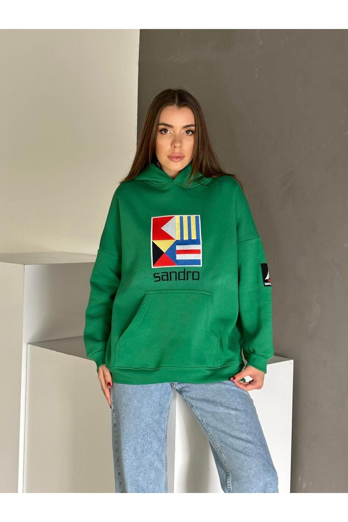 Sandro Kabartma İşleme Oversize 3 İplik Sweatshirt Yeşil