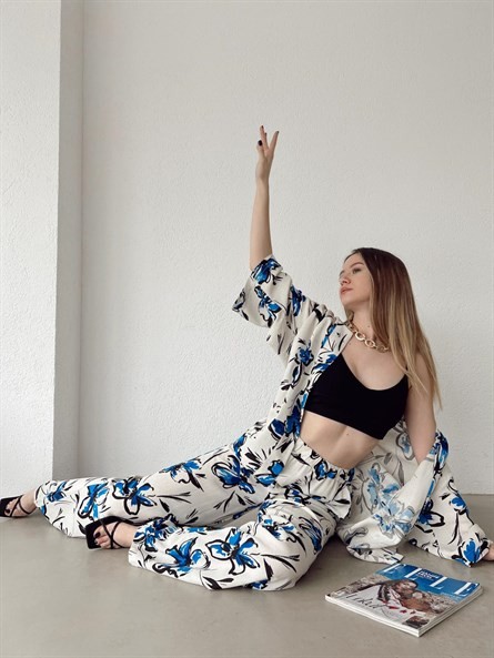 Flora Keten Bağlamalı Kimono Mavi