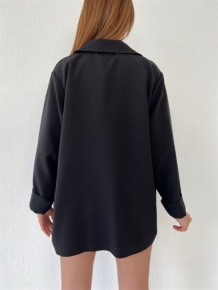 Oversize Düğmeli Kruvaze Ceket Siyah