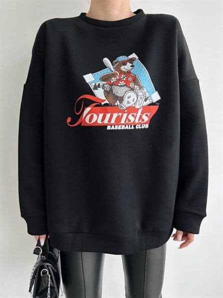 Tourists Baskı Oversize Sweatshirt Siyah