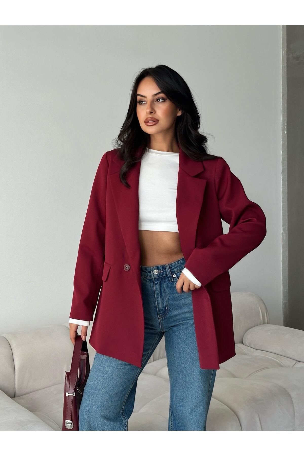 Çift Düğme Blazer Ceket Bordo