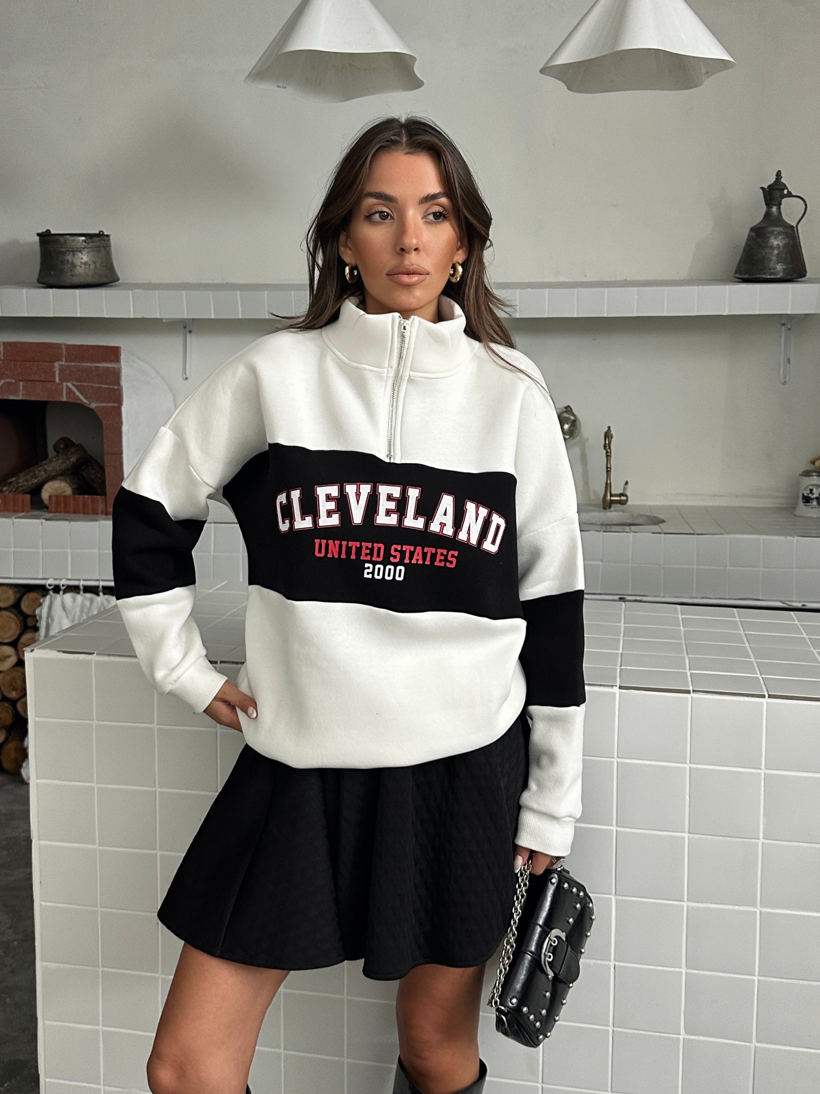Baskılı Fermuarlı Sweat - Beyaz